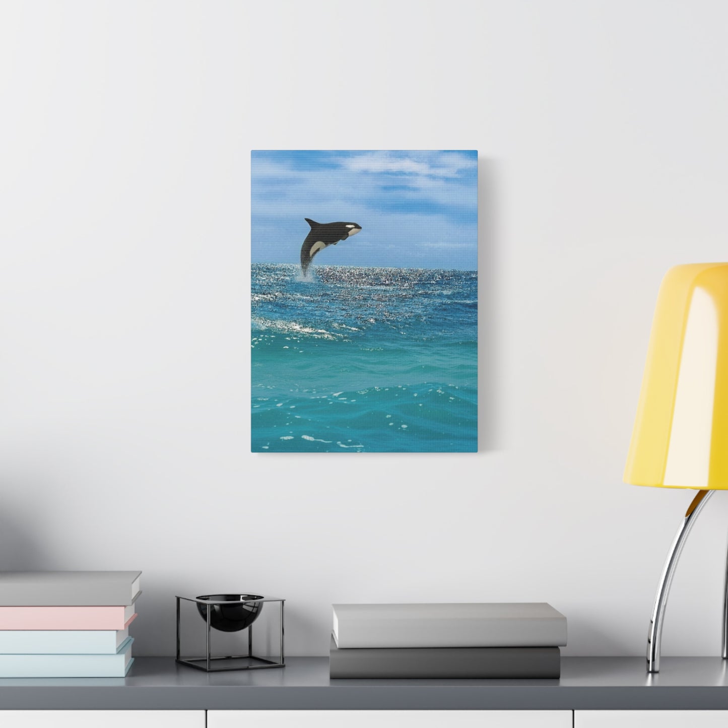 Orca Playing in Blue sunlit Coastal Ocean Canvas Wall Art