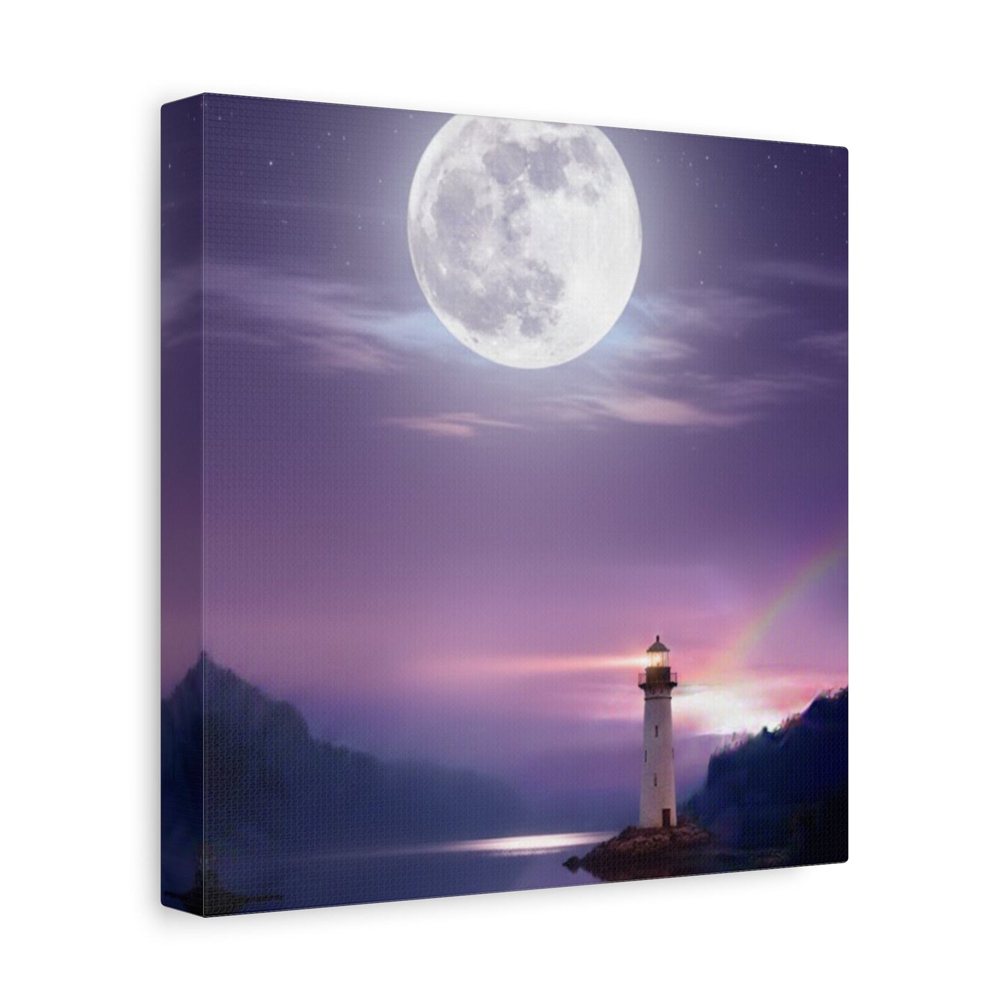 Canvas wall art featuring a serene full moon over a lighthouse reflecting on a calm lake in violet and indigo tones