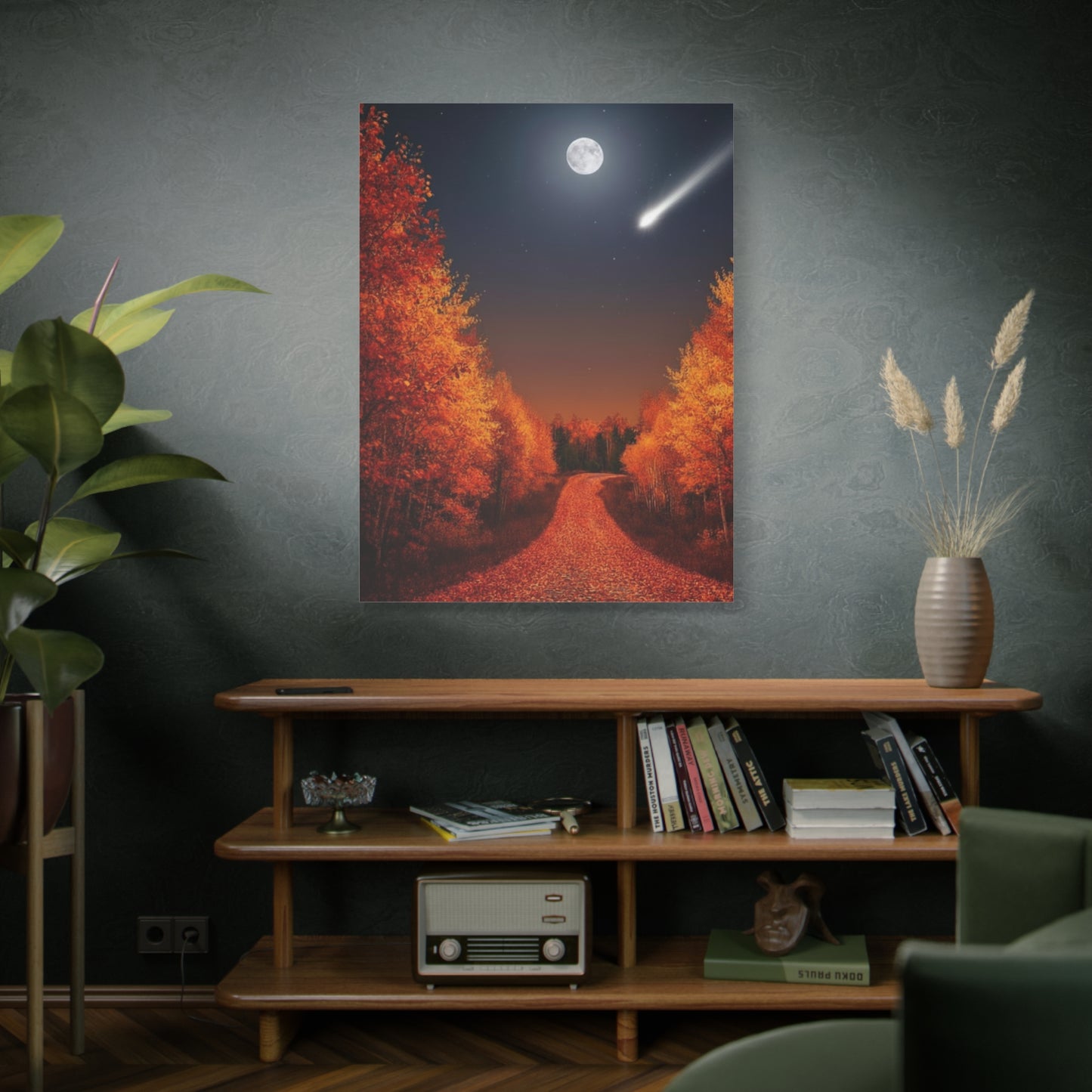 Peaceful Autumn Moon Canvas - Calming Shooting Stars Wall Art for Bedroom, Living Room