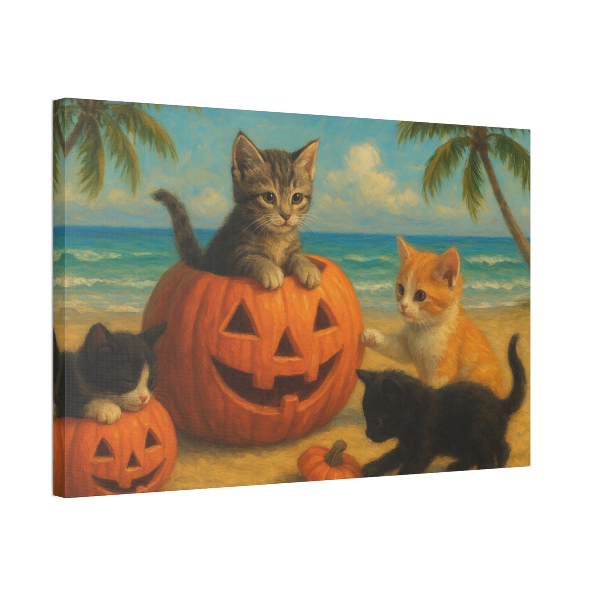 Canvas-Pumpkin Kittens wall art featuring adorable kittens with jack-o'-lanterns on a beach, perfect autumn Halloween decor for cat lovers.