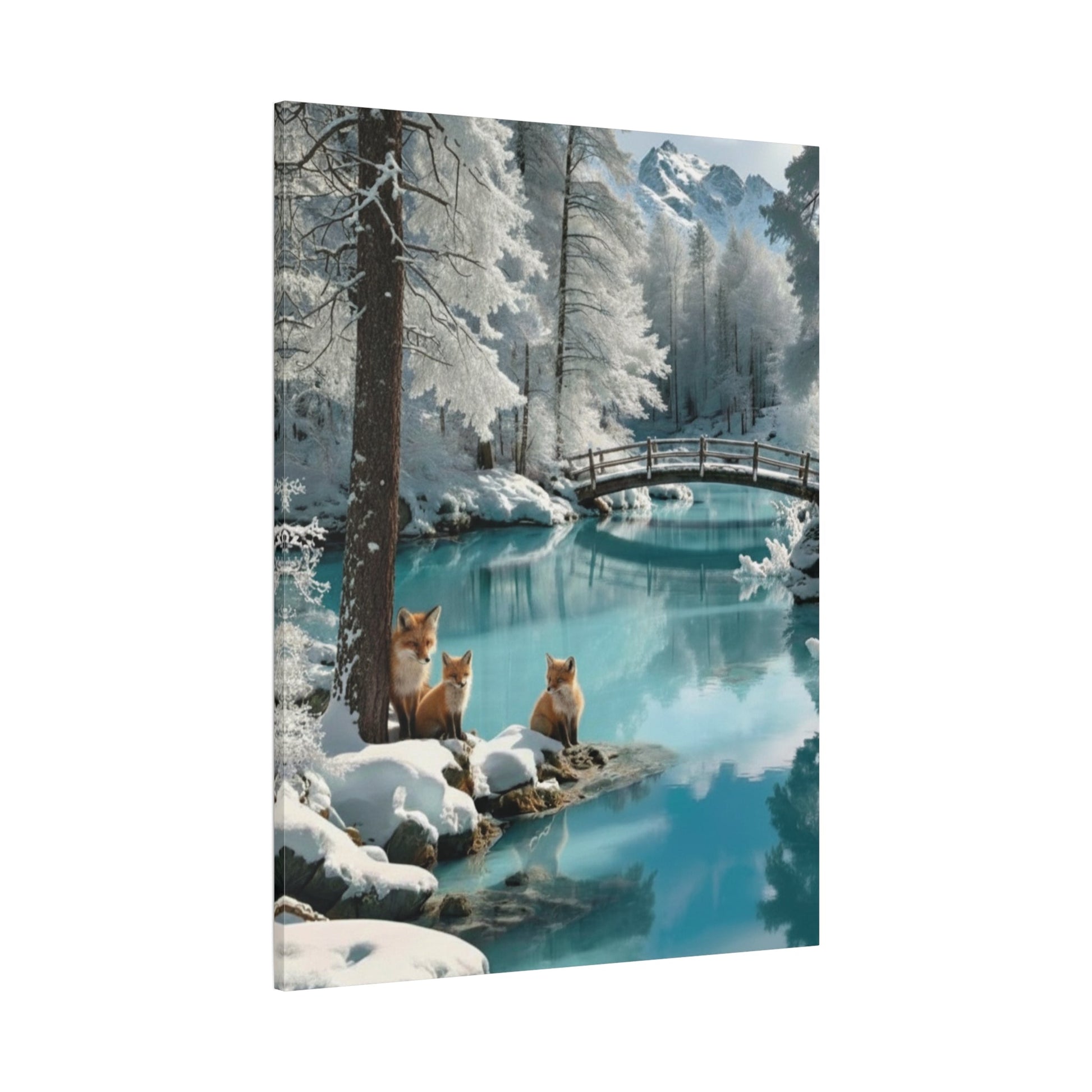 Canvas wall art featuring winter foxes by a snowy river with a wooden bridge and pine trees.