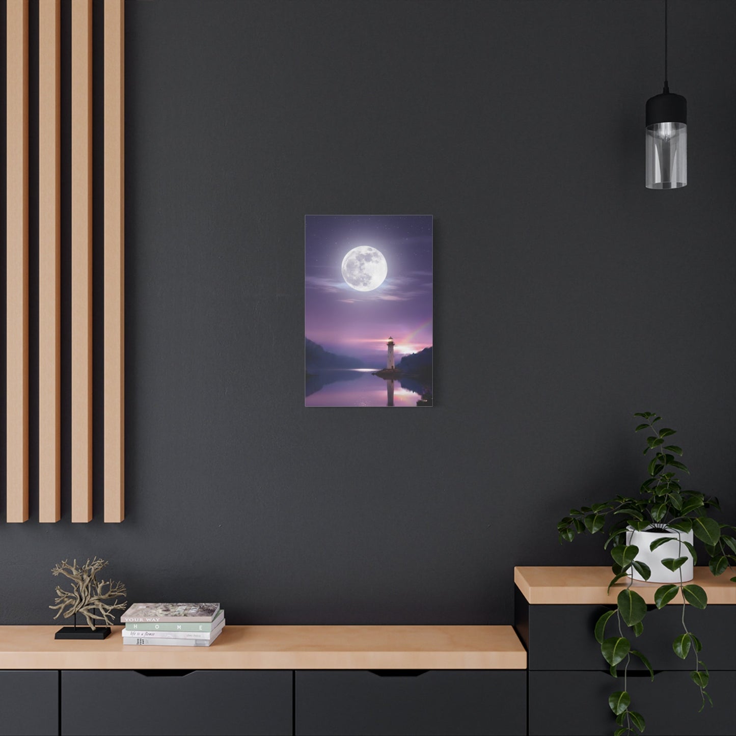 Canvas wall art of lighthouse and full moon reflecting on calm lake in violet and indigo tones