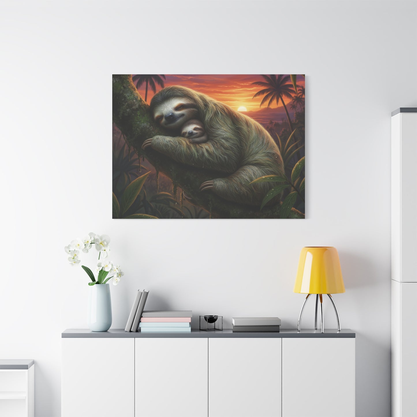 Sloth Mom & Baby Sunrise Canvas Wall Art — Stretched Matte Print