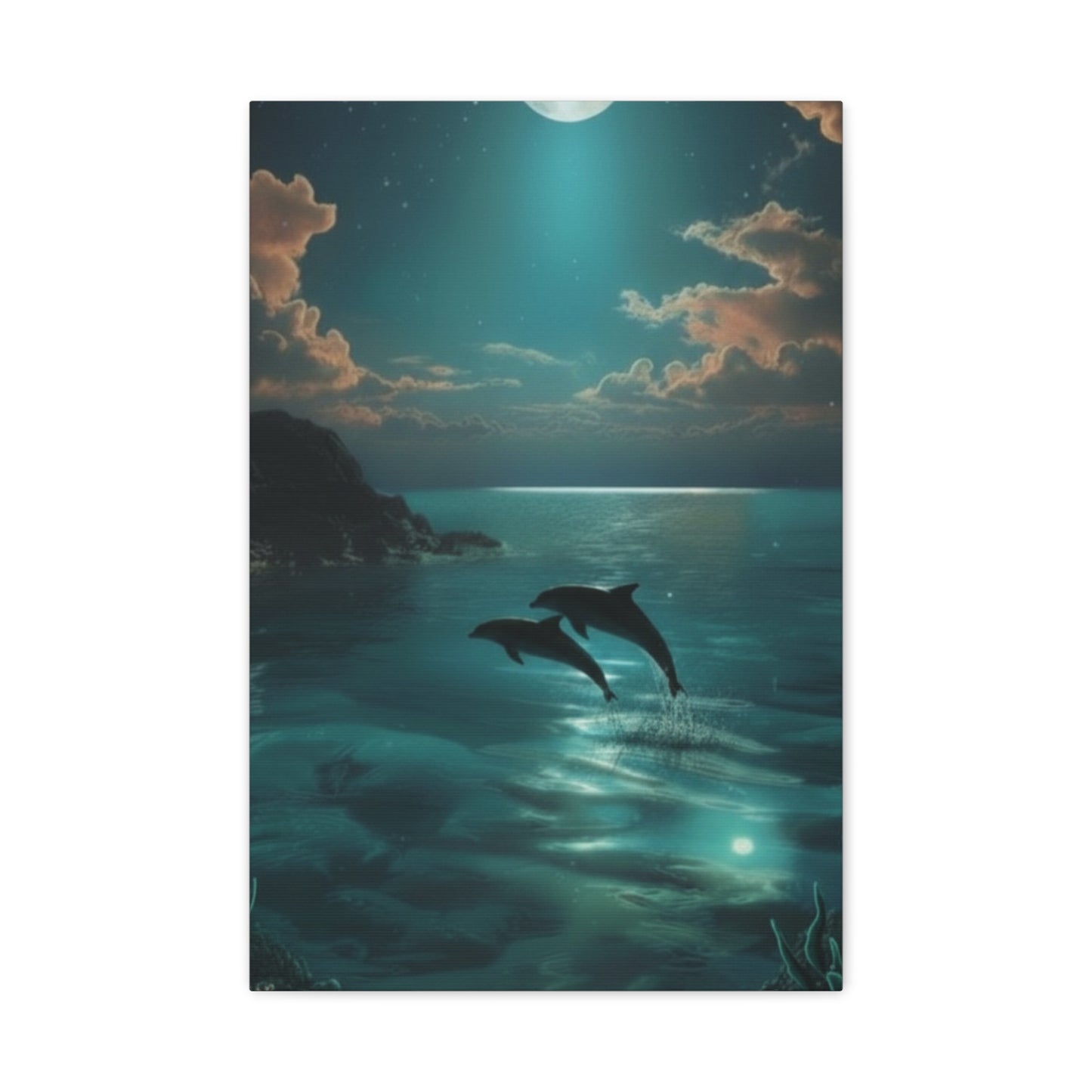 Dolphins in Turquoise Moonlit Ocean Canvas Wall Art