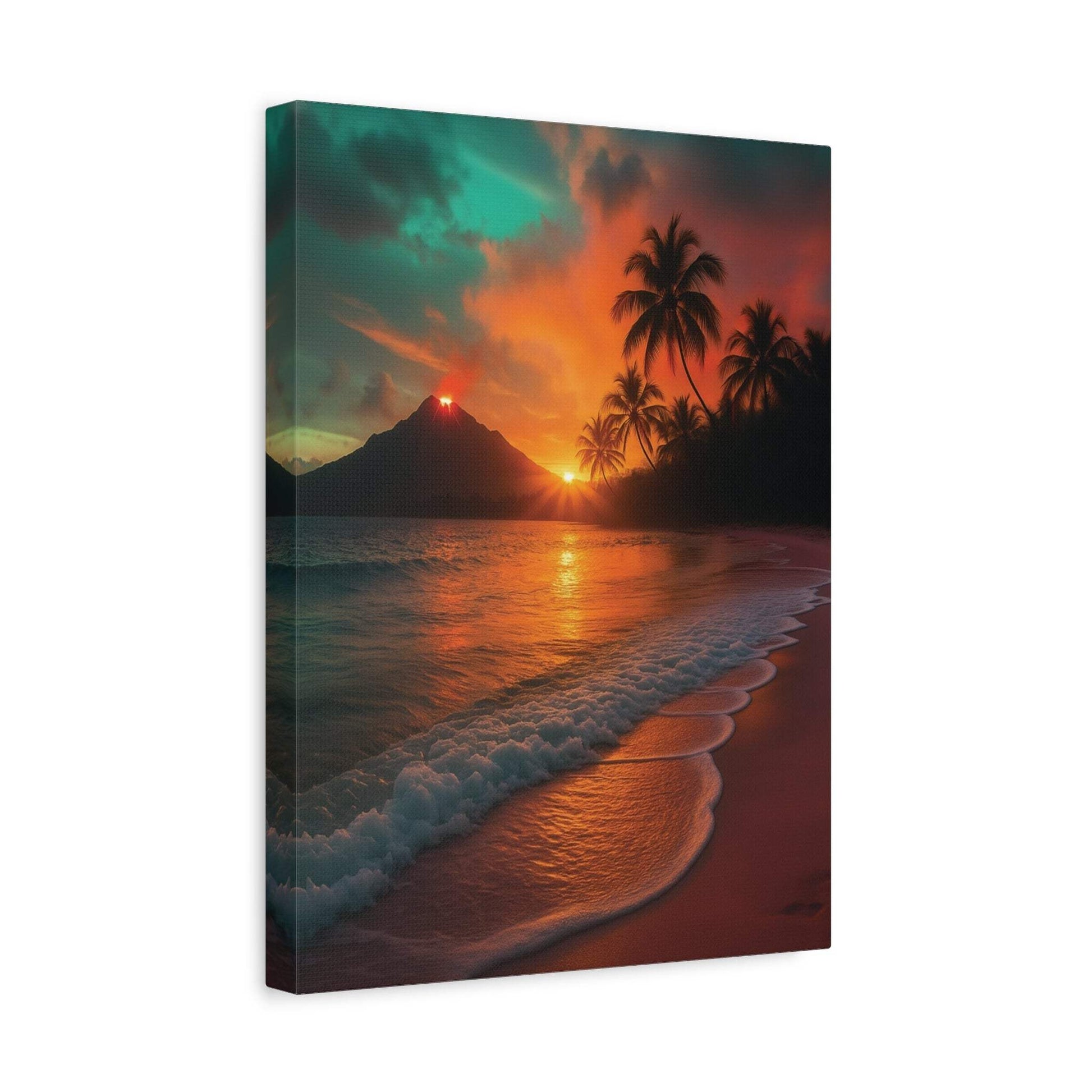 Canvas wall art featuring red lava and sunrise over ocean with palm trees, capturing nature’s tranquility.