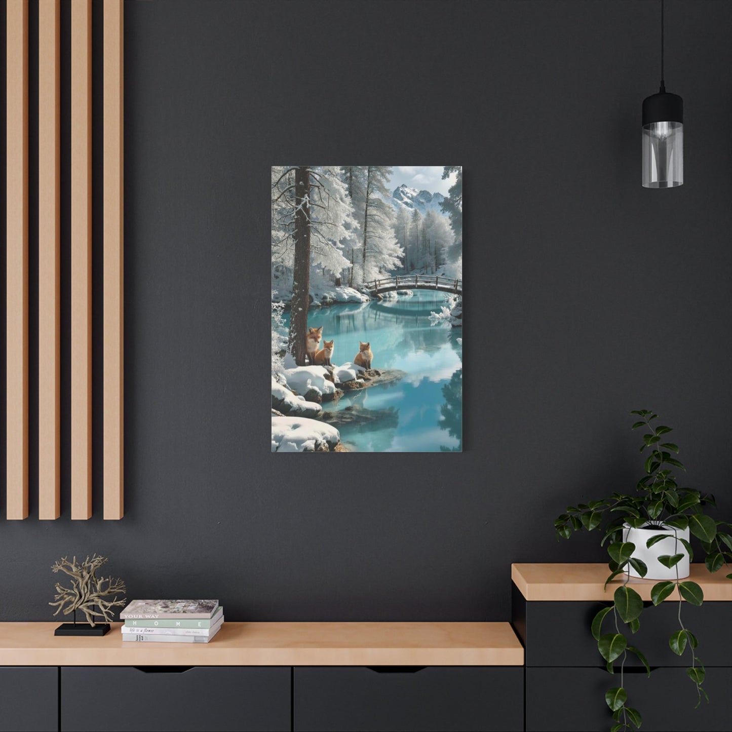 Canvas wall art of winter foxes by serene snowy river with bridge, perfect for cozy home decor.