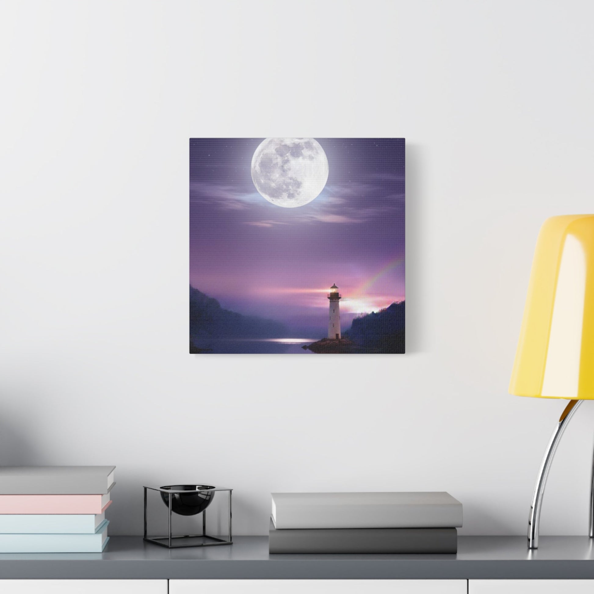 Canvas wall art featuring a serene lighthouse and full moon reflected on a calm lake in violet and indigo tones