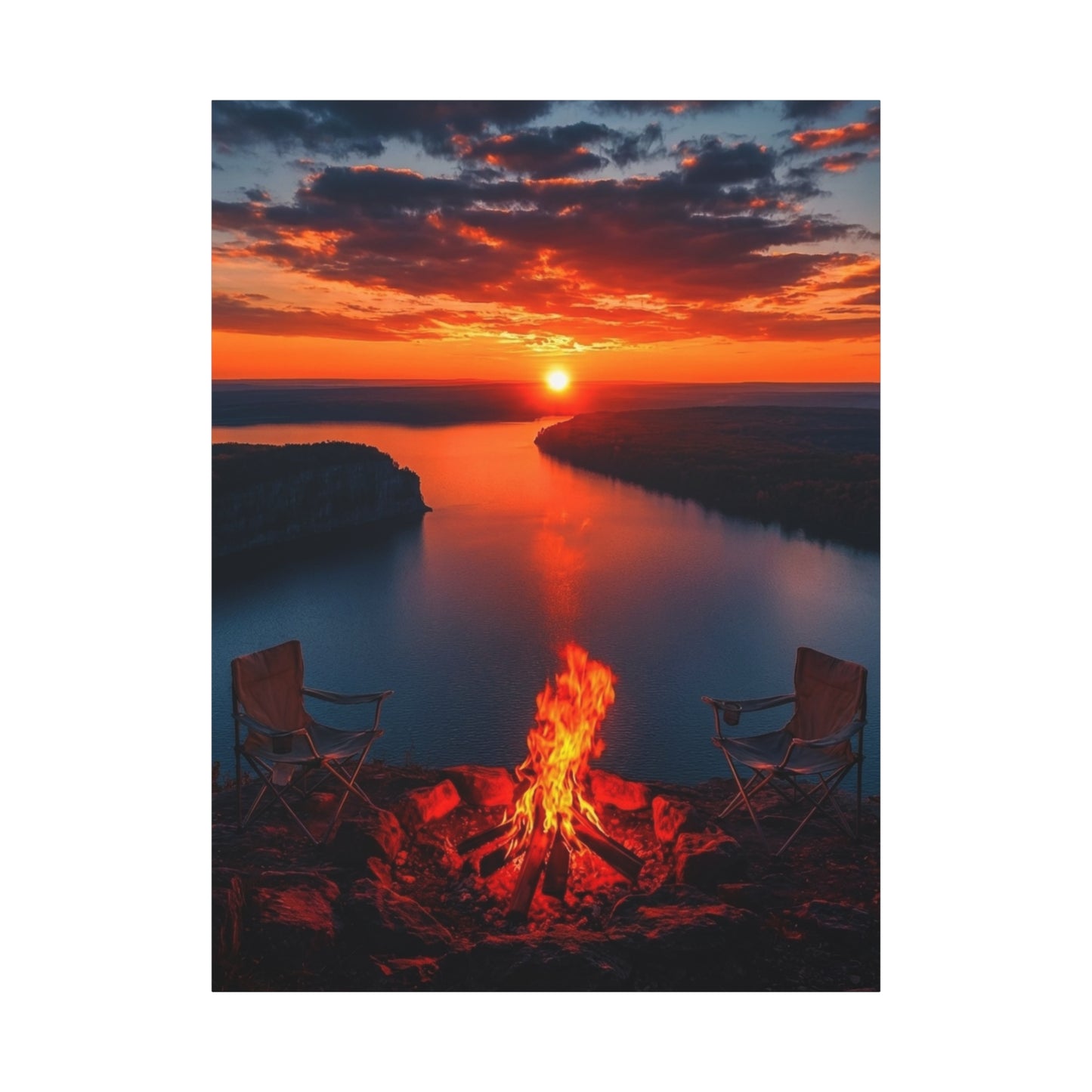 Red Sunset River Canvas — Relaxing by Fire Matte Stretched Wall Art