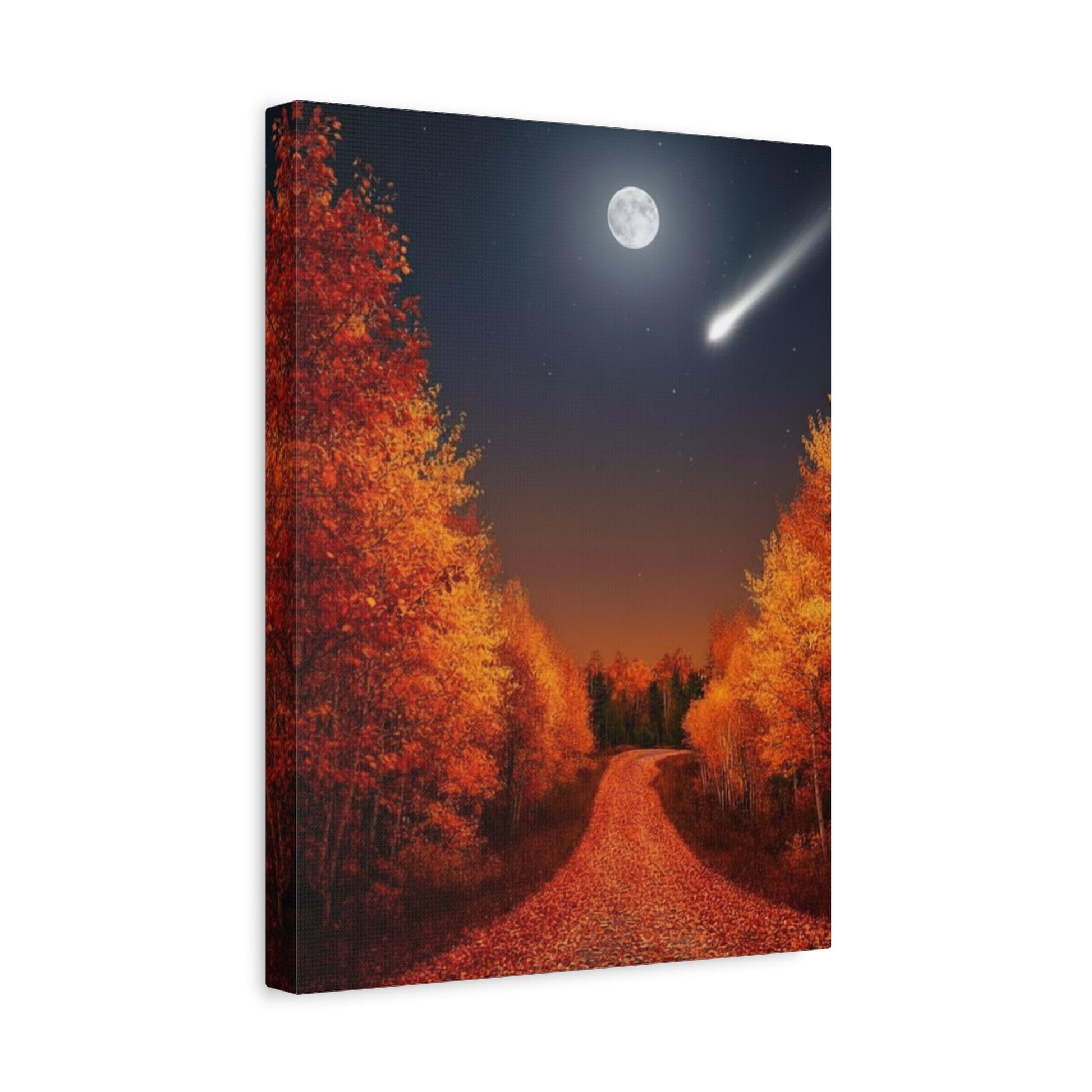 Canvas wall art depicting a serene autumn forest road under a bright moon and shooting star with vibrant fall foliage
