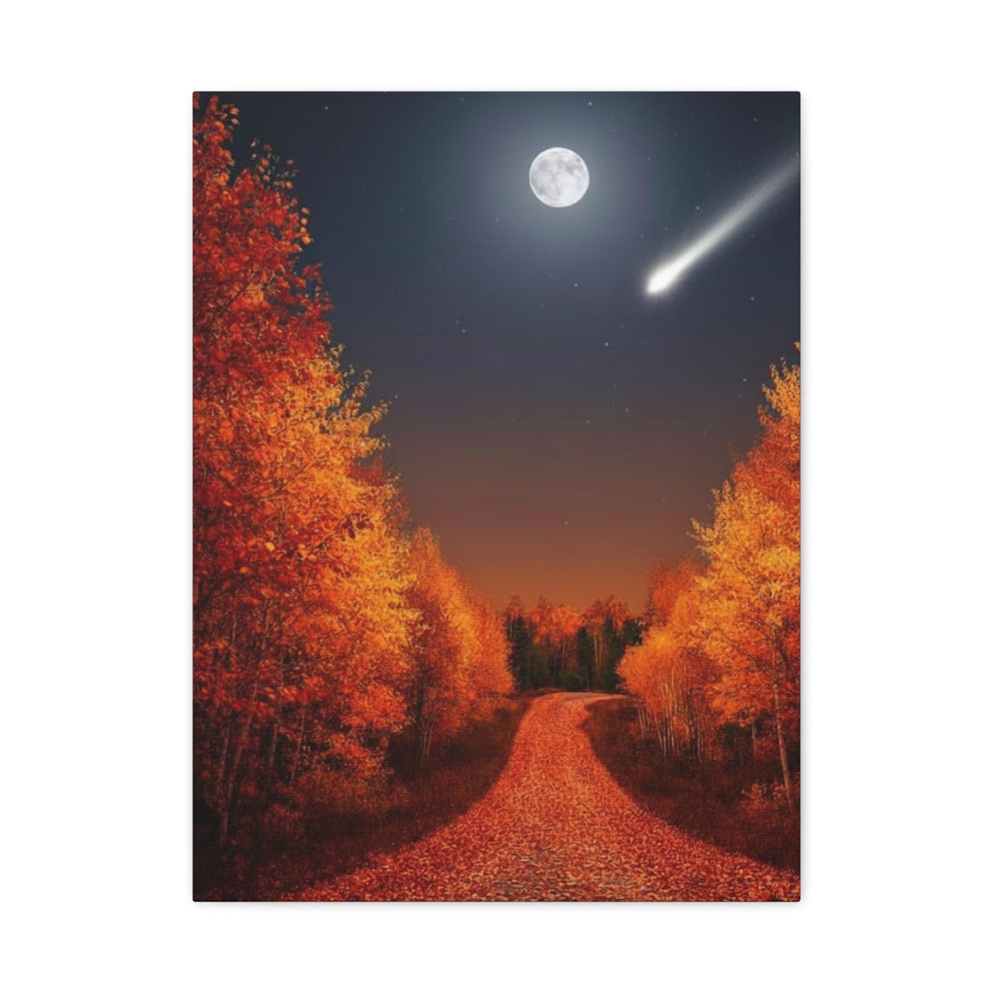 Canvas wall art depicting a tranquil autumn forest road under a bright full moon and shooting star