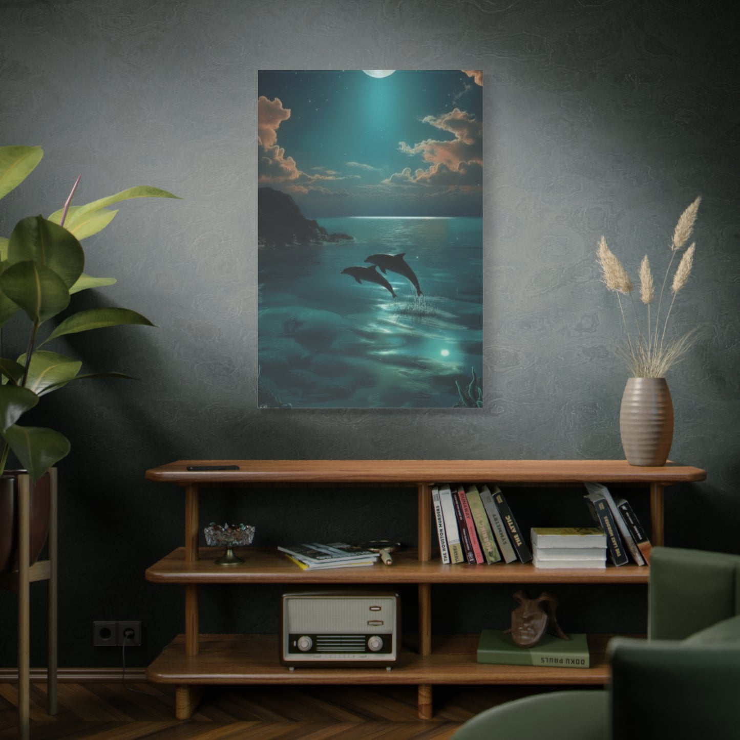 Dolphins in Turquoise Moonlit Ocean Canvas Wall Art