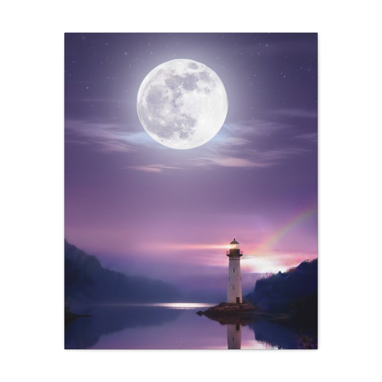 Canvas wall art of a full moon over a lighthouse reflected on a tranquil lake in violet and indigo tones.