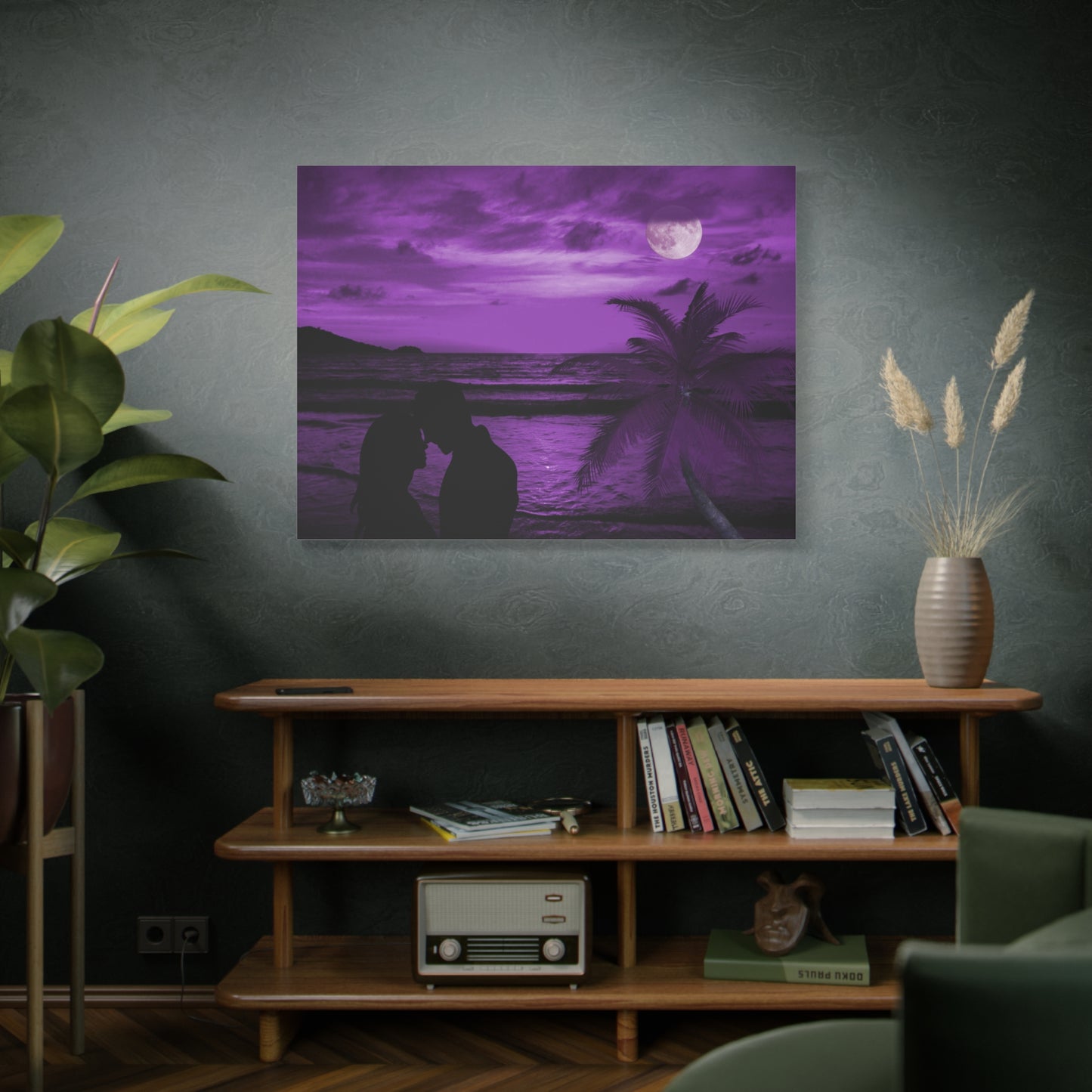 Romantic Beach Canvas - Purple Moonlight Couples Wall Art for Bedroom
