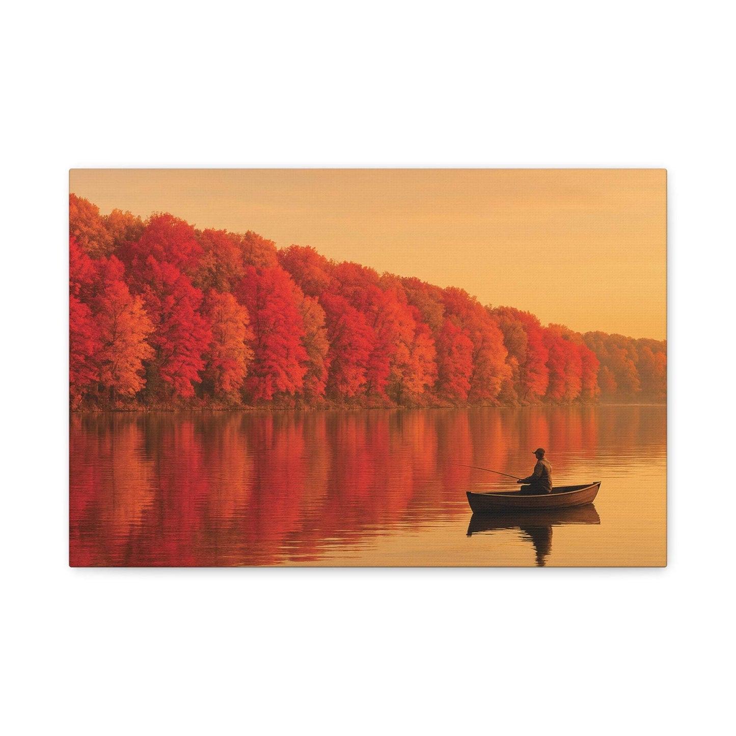 Wall art canvas featuring a serene autumn foliage scene with a person fishing on a clear lake at sunset