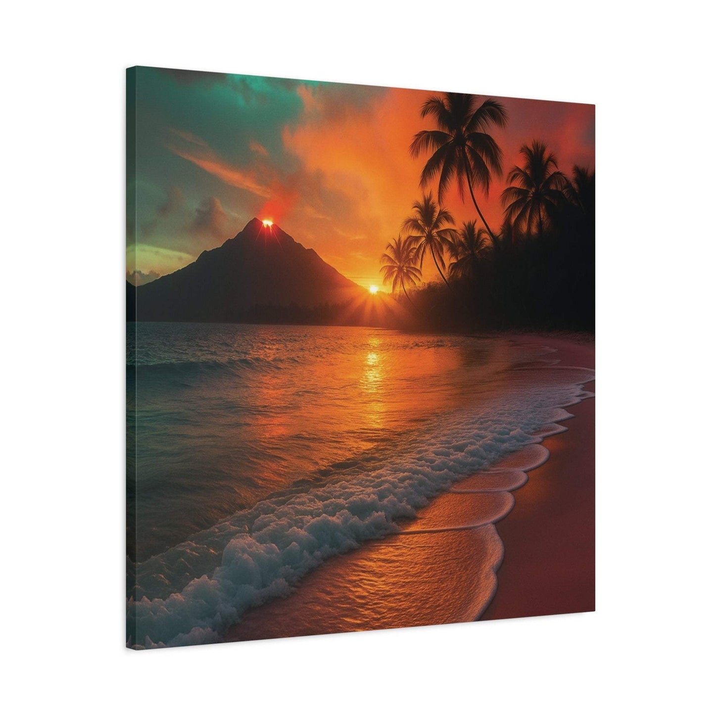 Canvas wall art featuring red lava flow and sunrise over ocean with palm trees, perfect for nature lovers.