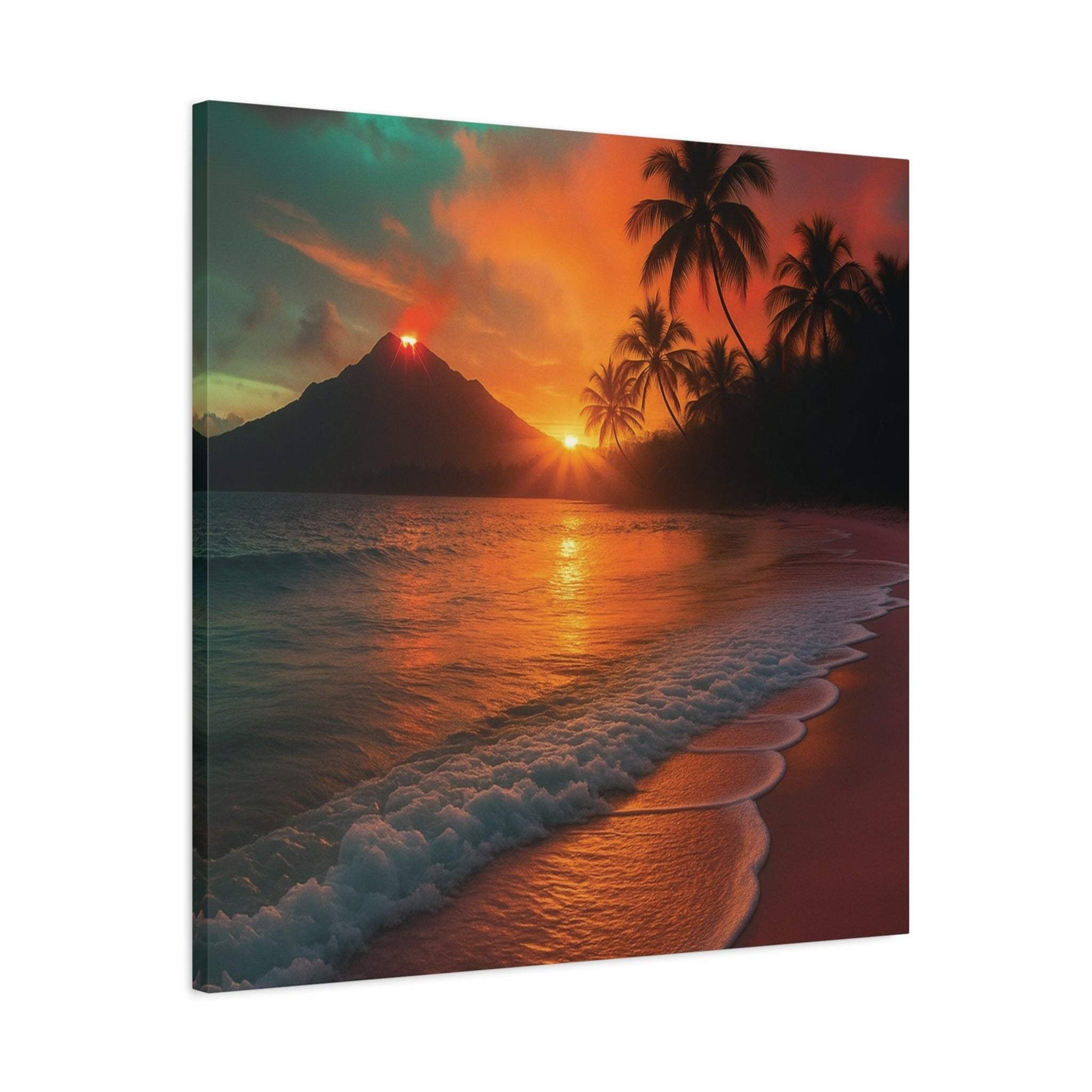 Canvas wall art featuring red lava flow and sunrise over ocean with palm trees, perfect for nature lovers.
