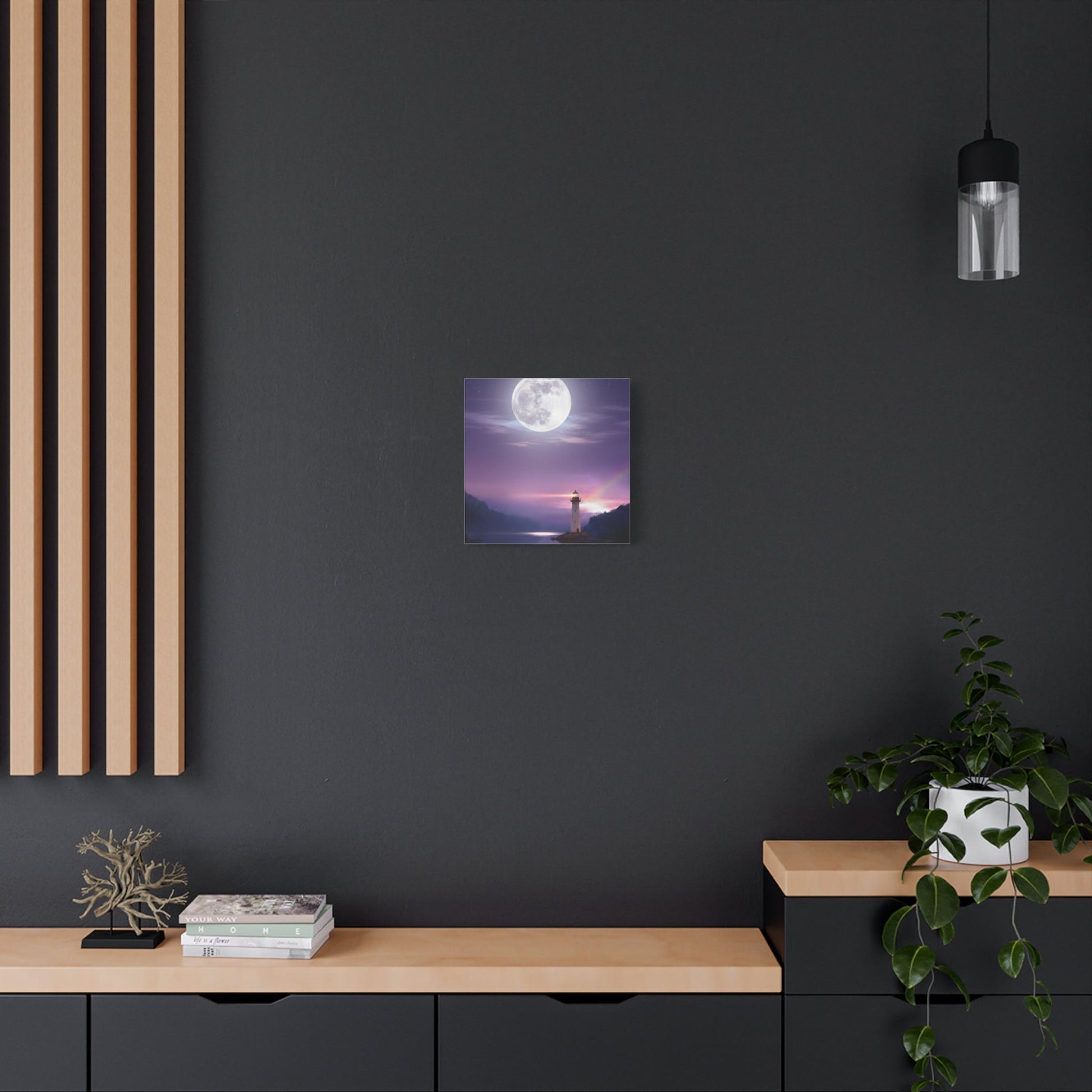 Canvas wall art featuring a serene full moon over a calm lake with a glowing lighthouse in violet and indigo tones