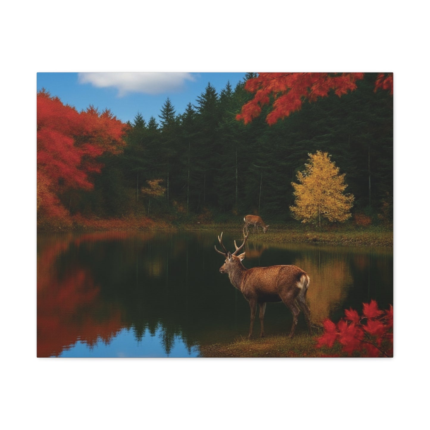 Autumn foliage and Deer by the lake Canvas wall art print