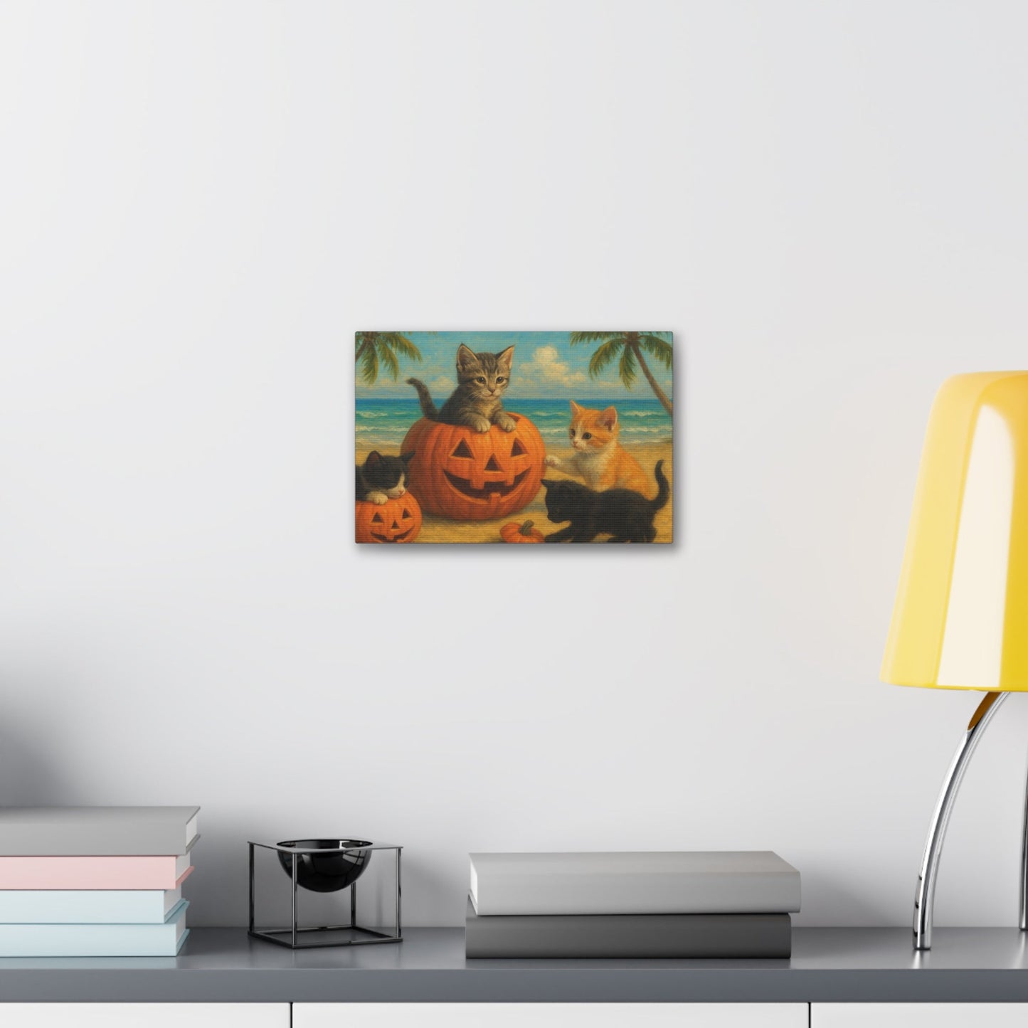 Canvas-Pumpkin Kittens wall art featuring playful kittens with pumpkins on a beach, perfect fall and Halloween home decor.