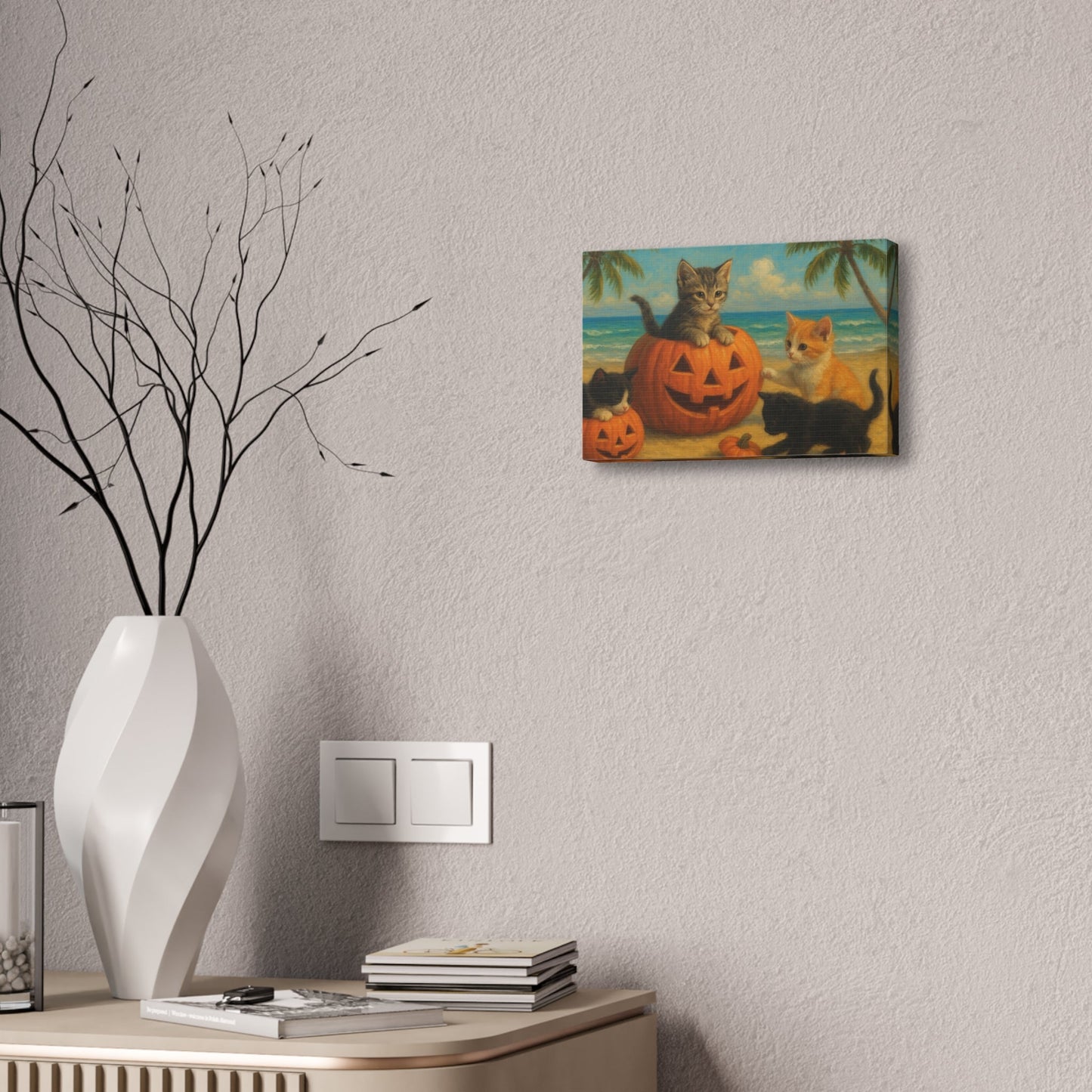 Canvas-Pumpkin Kittens wall art with playful kittens and pumpkins, Halloween autumn decor for cozy living room