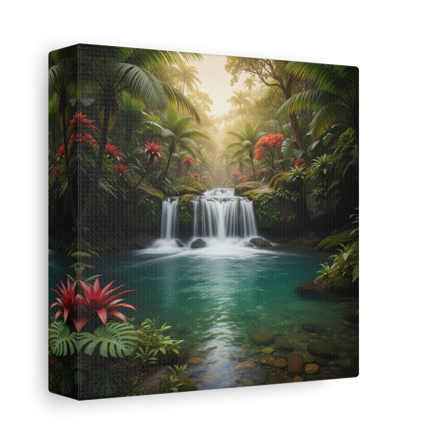 Canvas wall art depicting a tropical waterfall surrounded by lush greenery and vibrant flowers