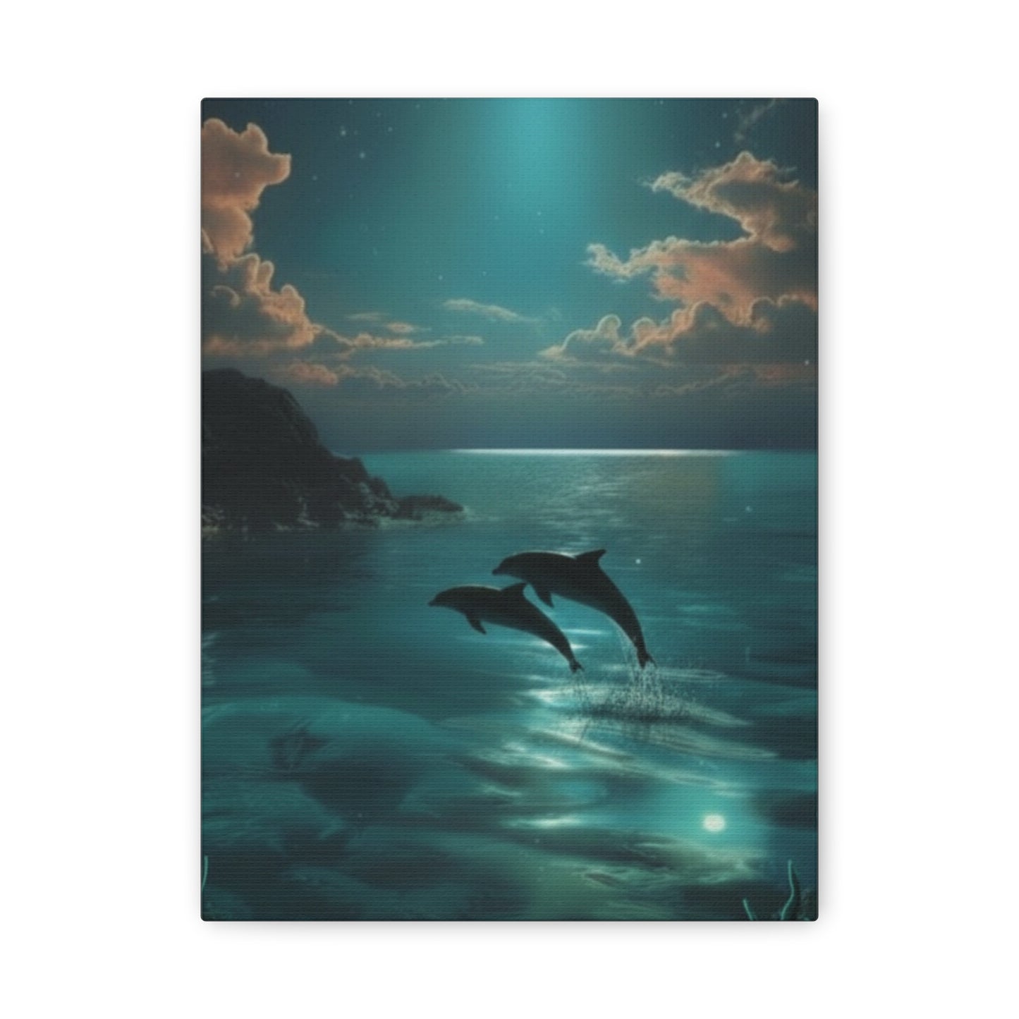 Dolphins in Turquoise Moonlit Ocean Canvas Wall Art