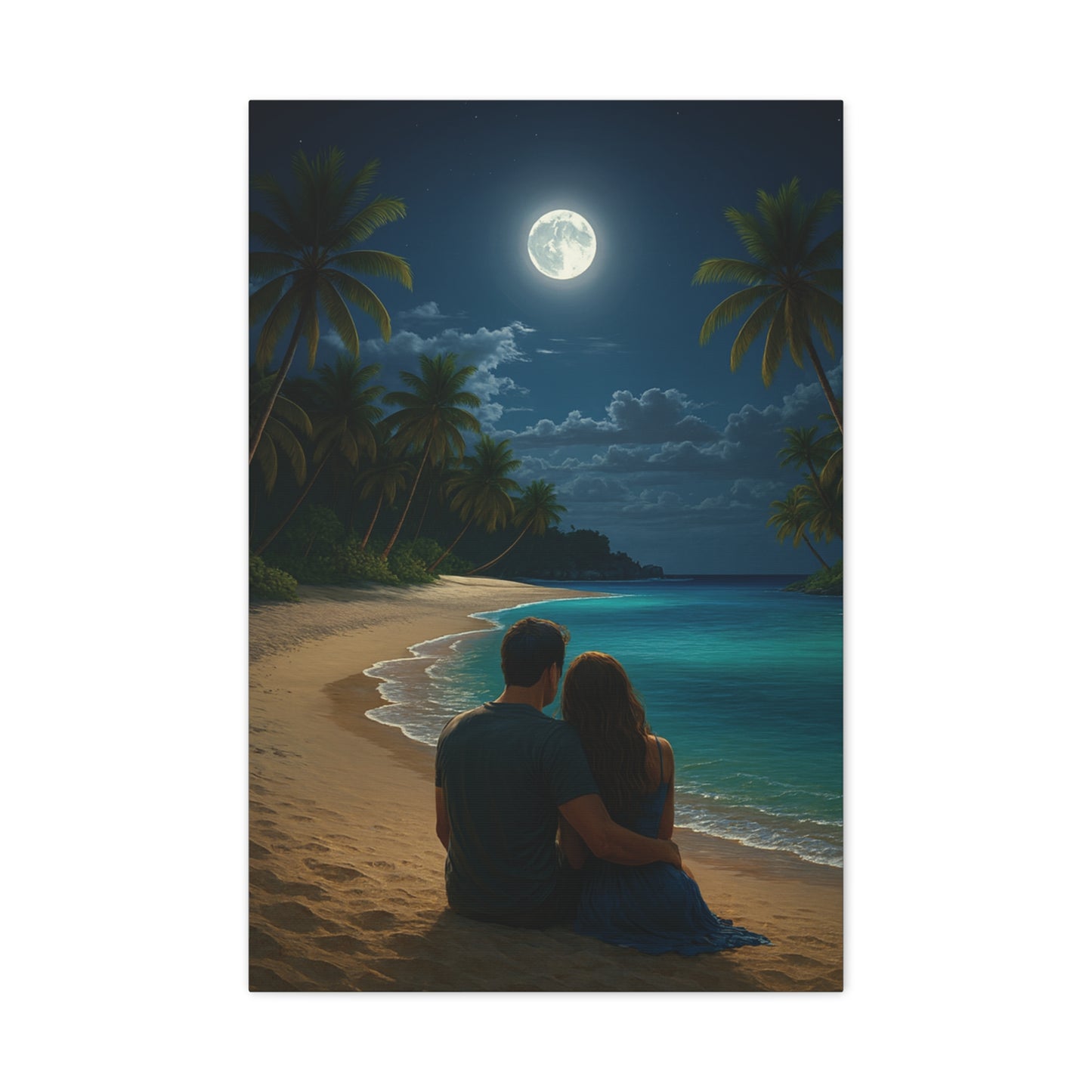 Moonlit Beach Lovers Canvas Wall Art - Stretched Matte Wall Art