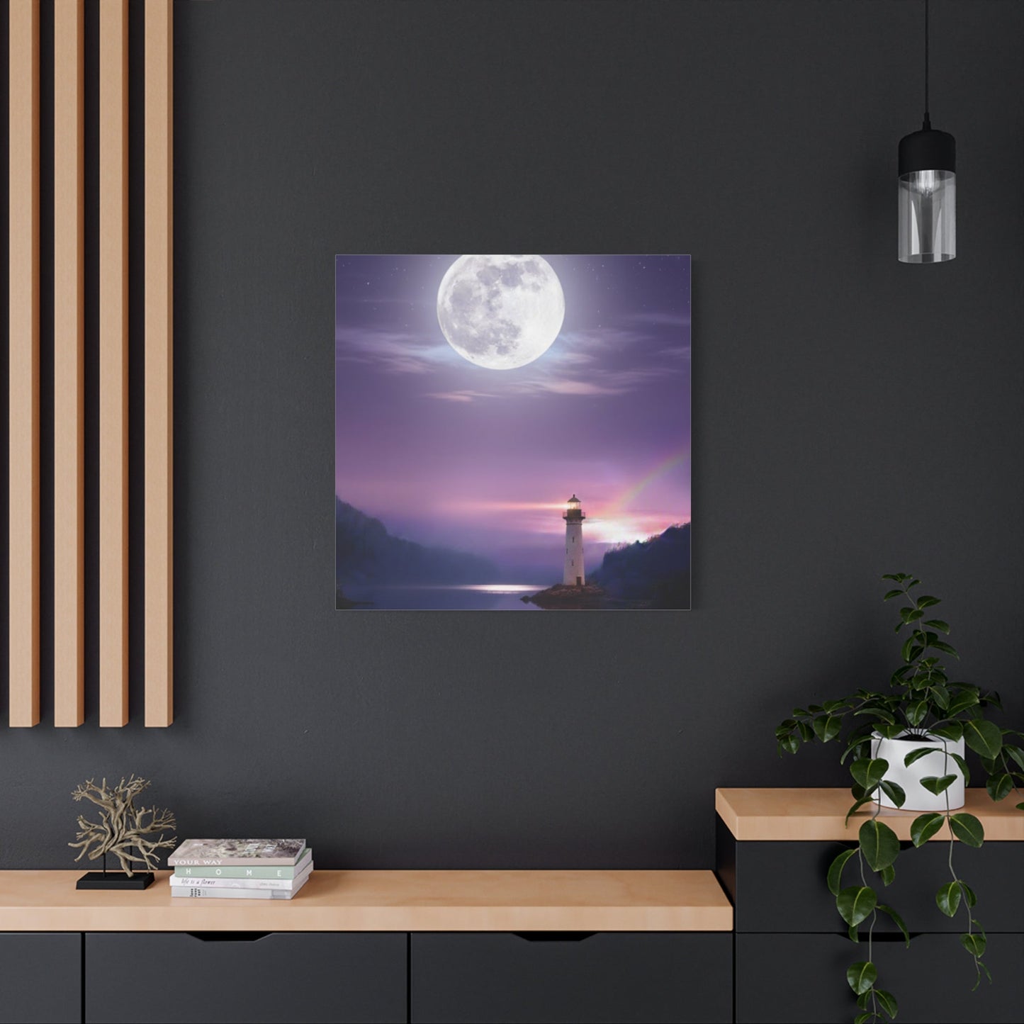 Canvas wall art depicting a tranquil full moon over a lighthouse and calm lake in violet and indigo tones