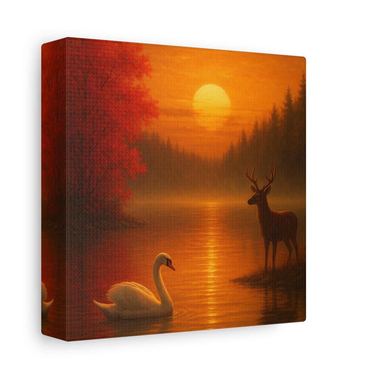 Dusk on the Autumn Lake Sunset canvas wall art featuring swan, deer, and fiery sunset with crimson maple leaves