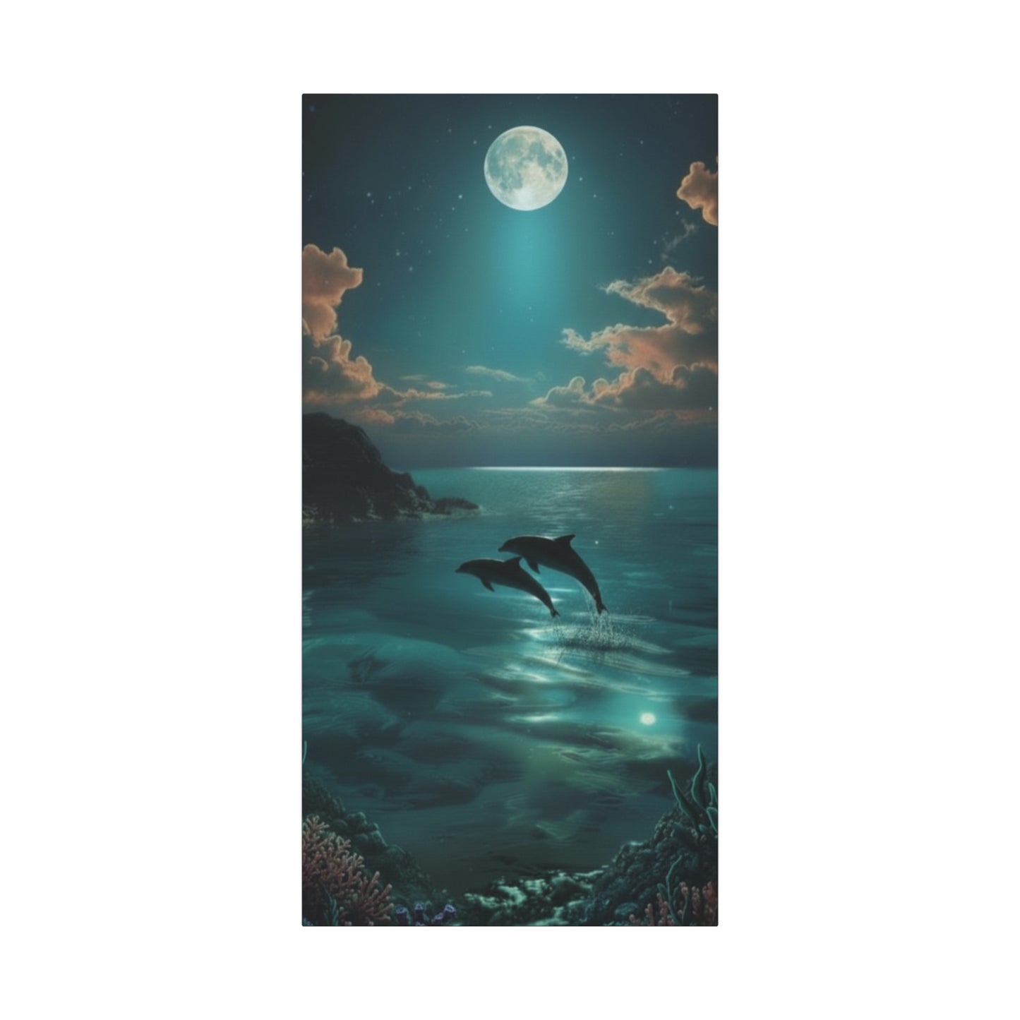 Dolphins in Turquoise Moonlit Ocean Canvas Wall Art