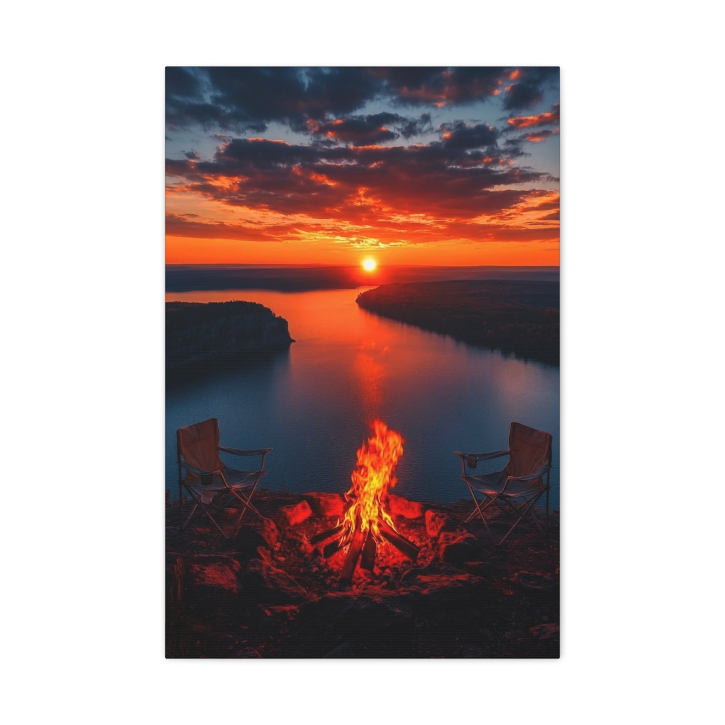 Red Sunset River Canvas — Relaxing by Fire Matte Stretched Wall Art