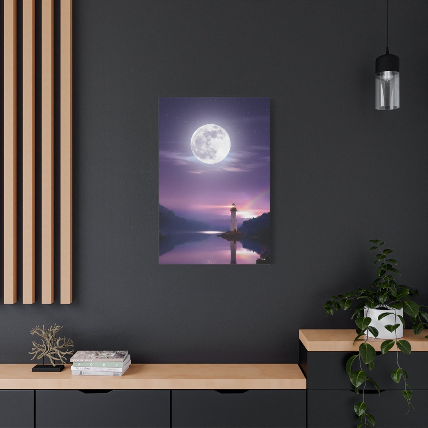Canvas wall art depicting a lighthouse under a full moon reflected on a calm lake in violet and indigo tones