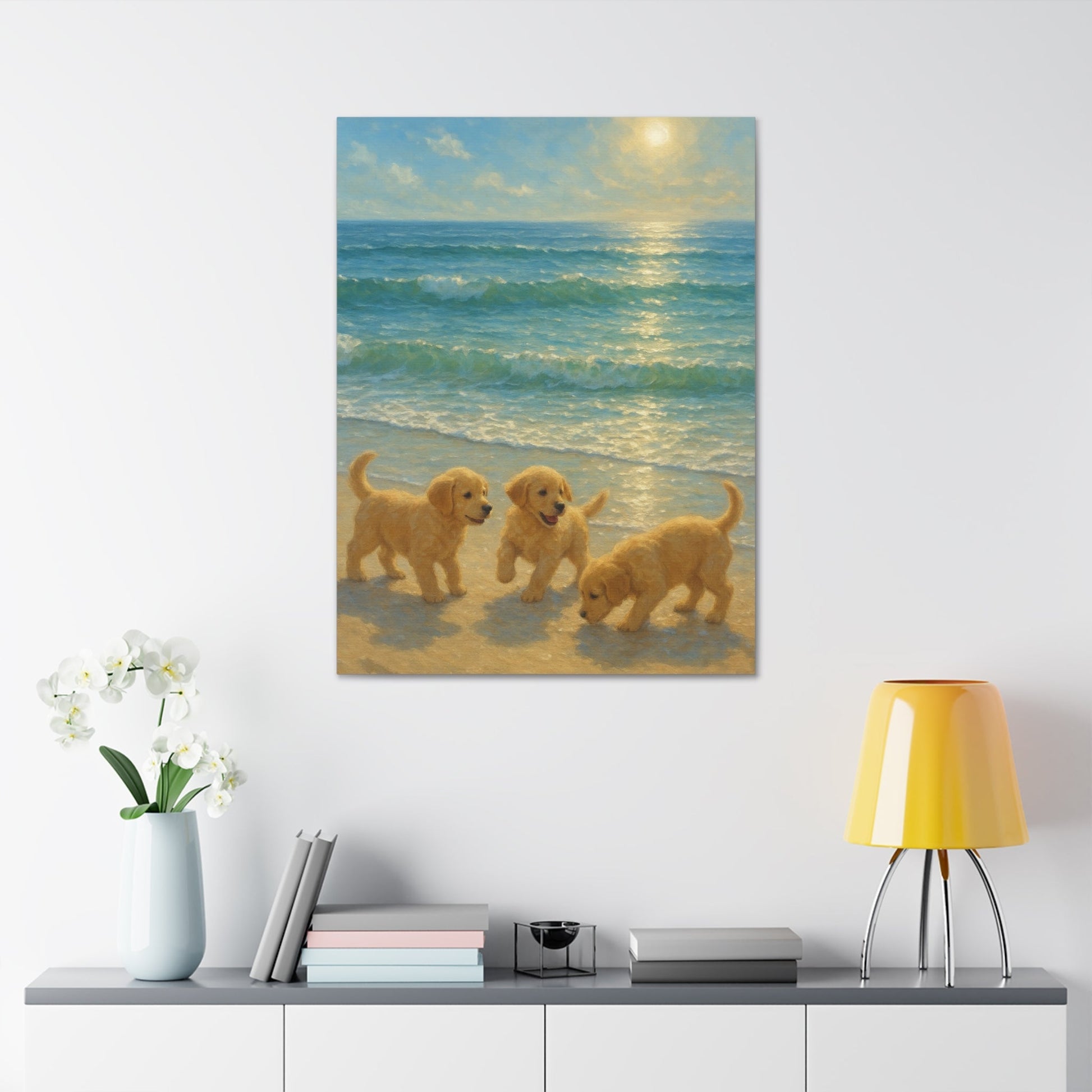 Abstract canvas art of three Golden Retriever puppies playing on sunlit beach with turquoise waves and golden sunlight reflection