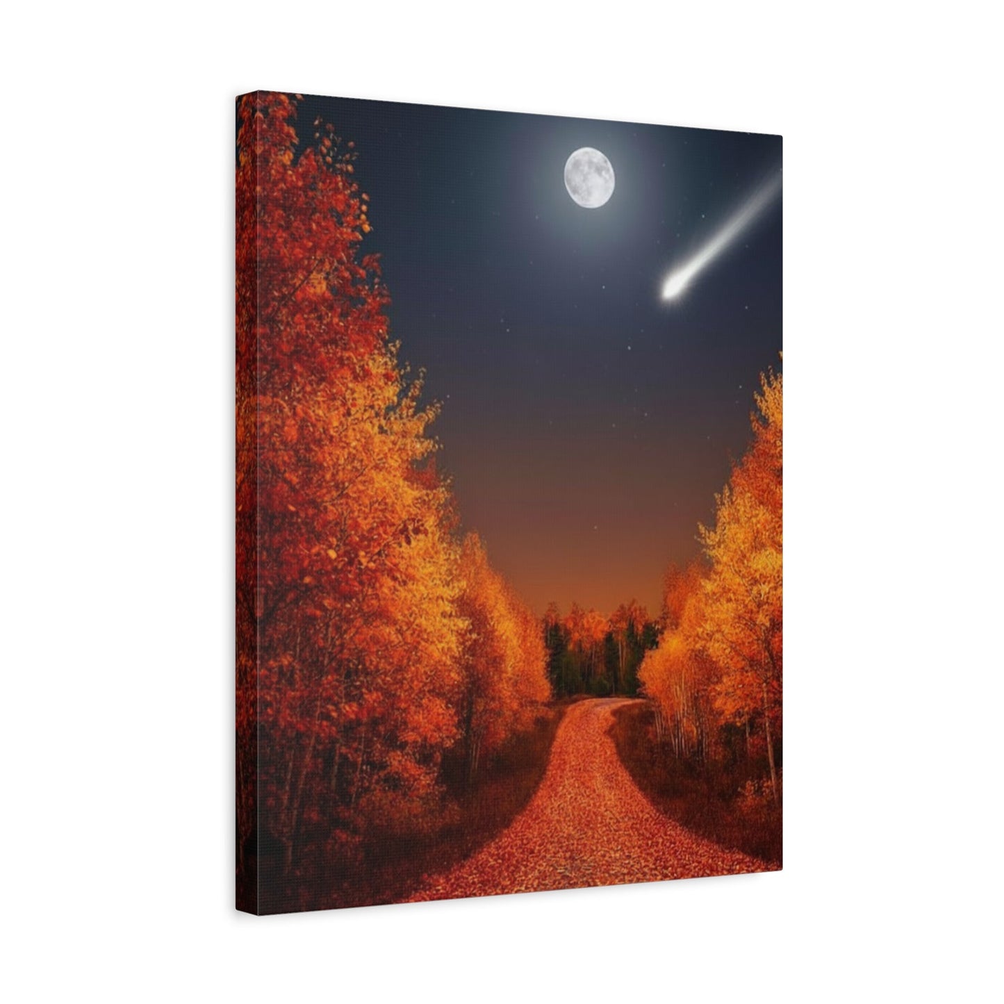 Canvas wall art depicting an autumn forest road under a full moon and shooting star