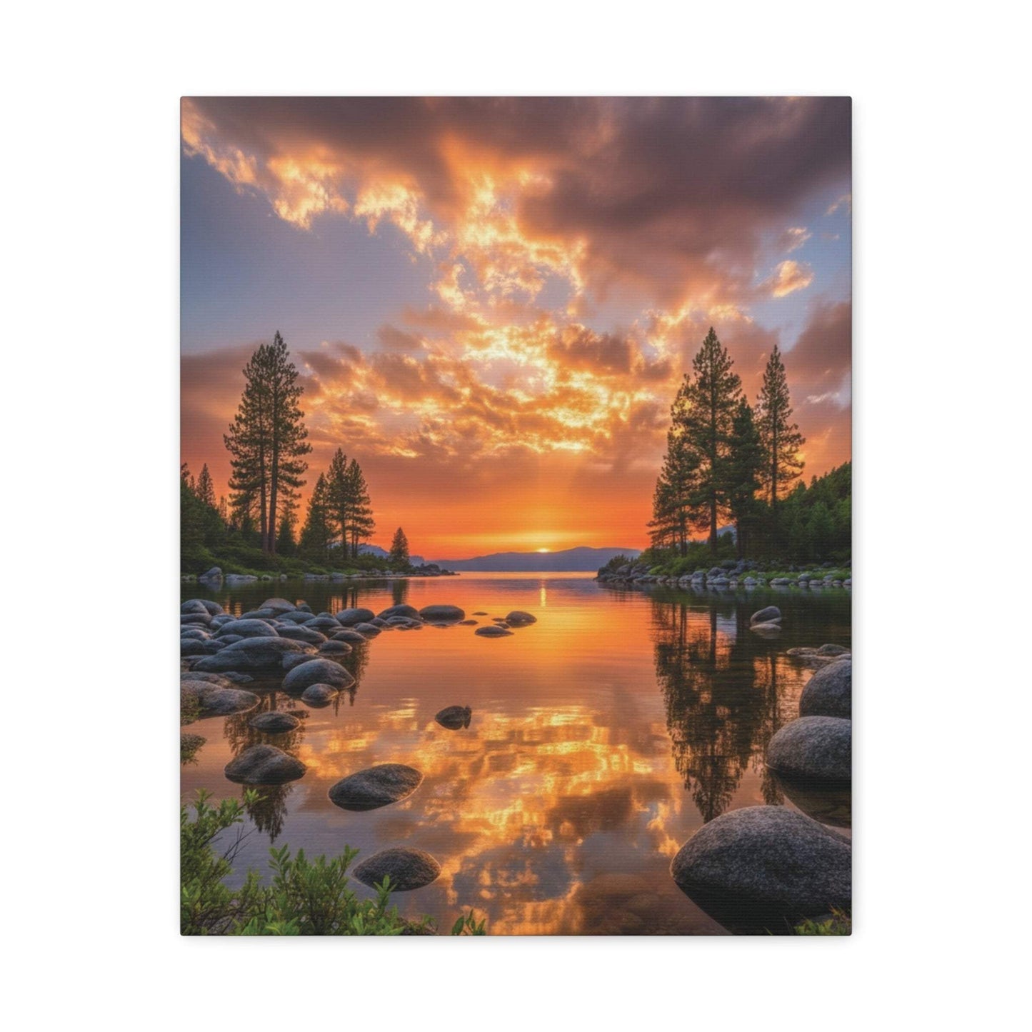 Canvas wall art of sunrise over evergreen path with pine trees and golden sky reflection on water