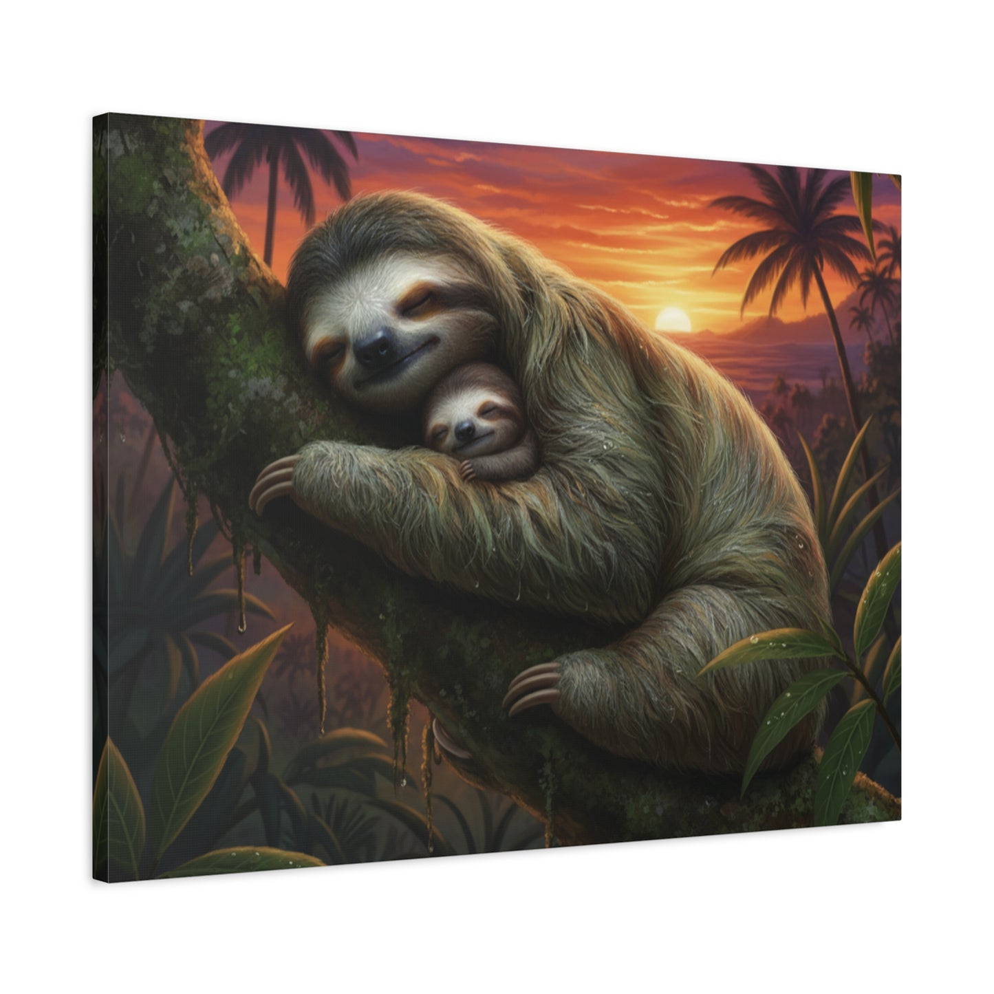 Sloth Mom & Baby Sunrise Canvas Wall Art — Stretched Matte Print
