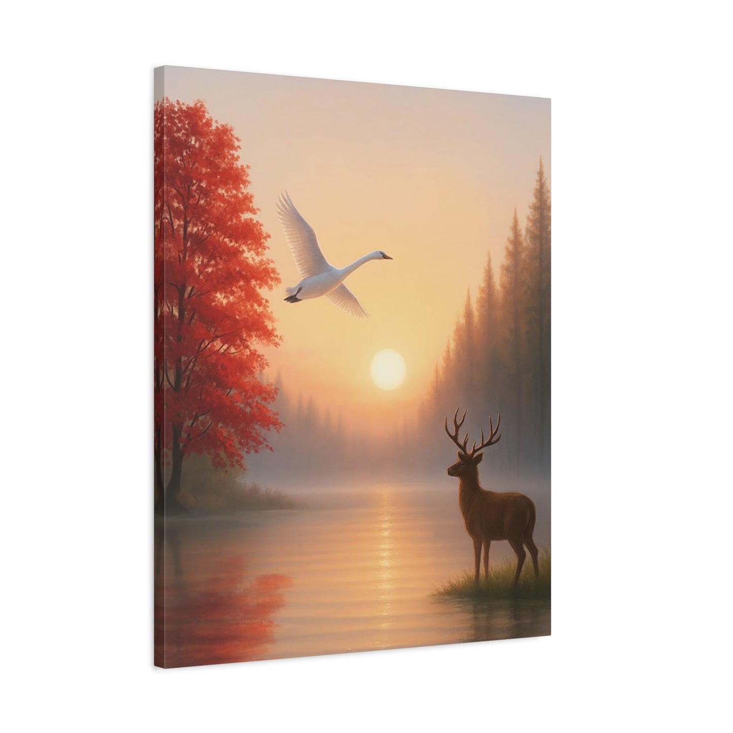 Wall art stretched canvas depicting dawn sunrise with soaring swan, standing deer, and tranquil lake scene