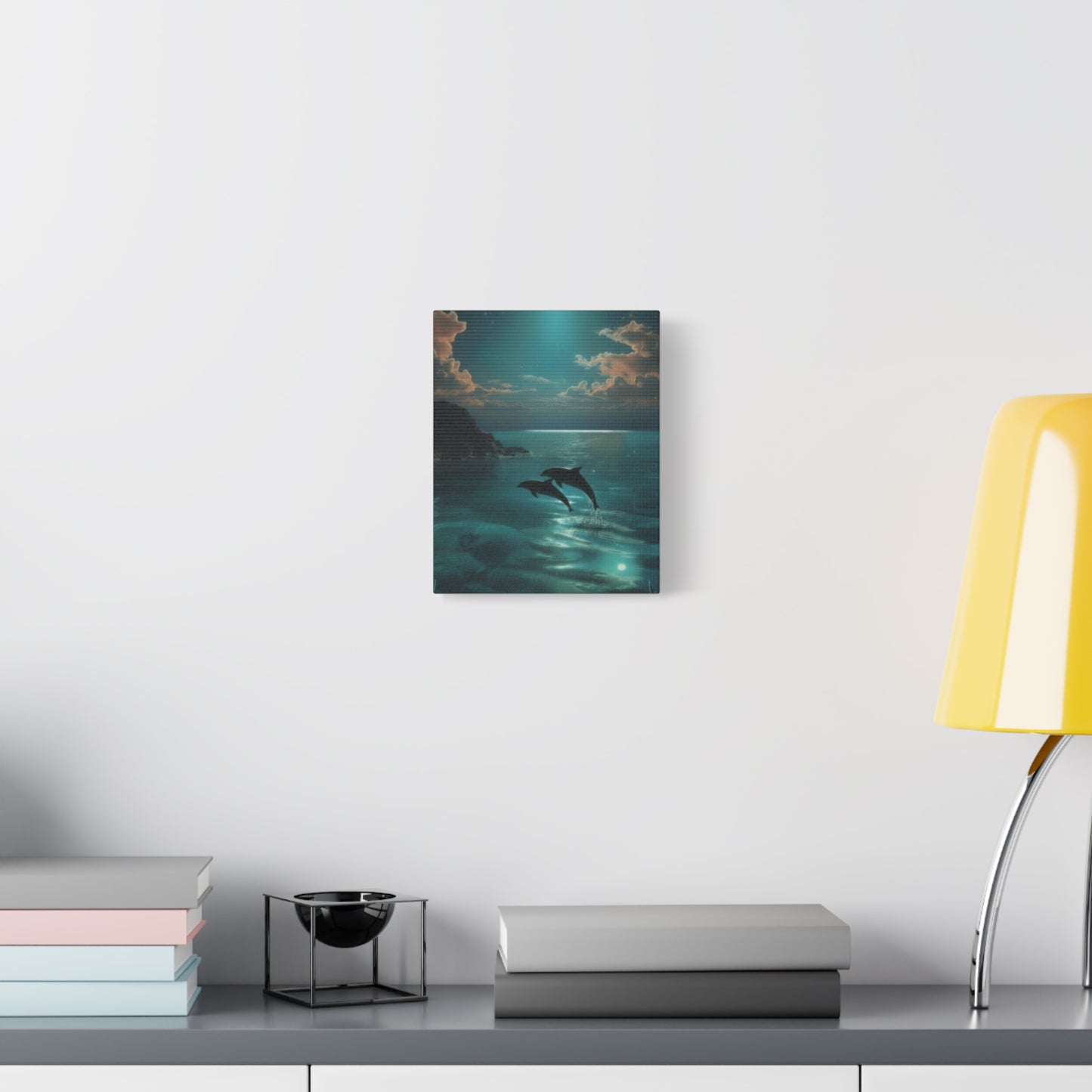 Dolphins in Turquoise Moonlit Ocean Canvas Wall Art