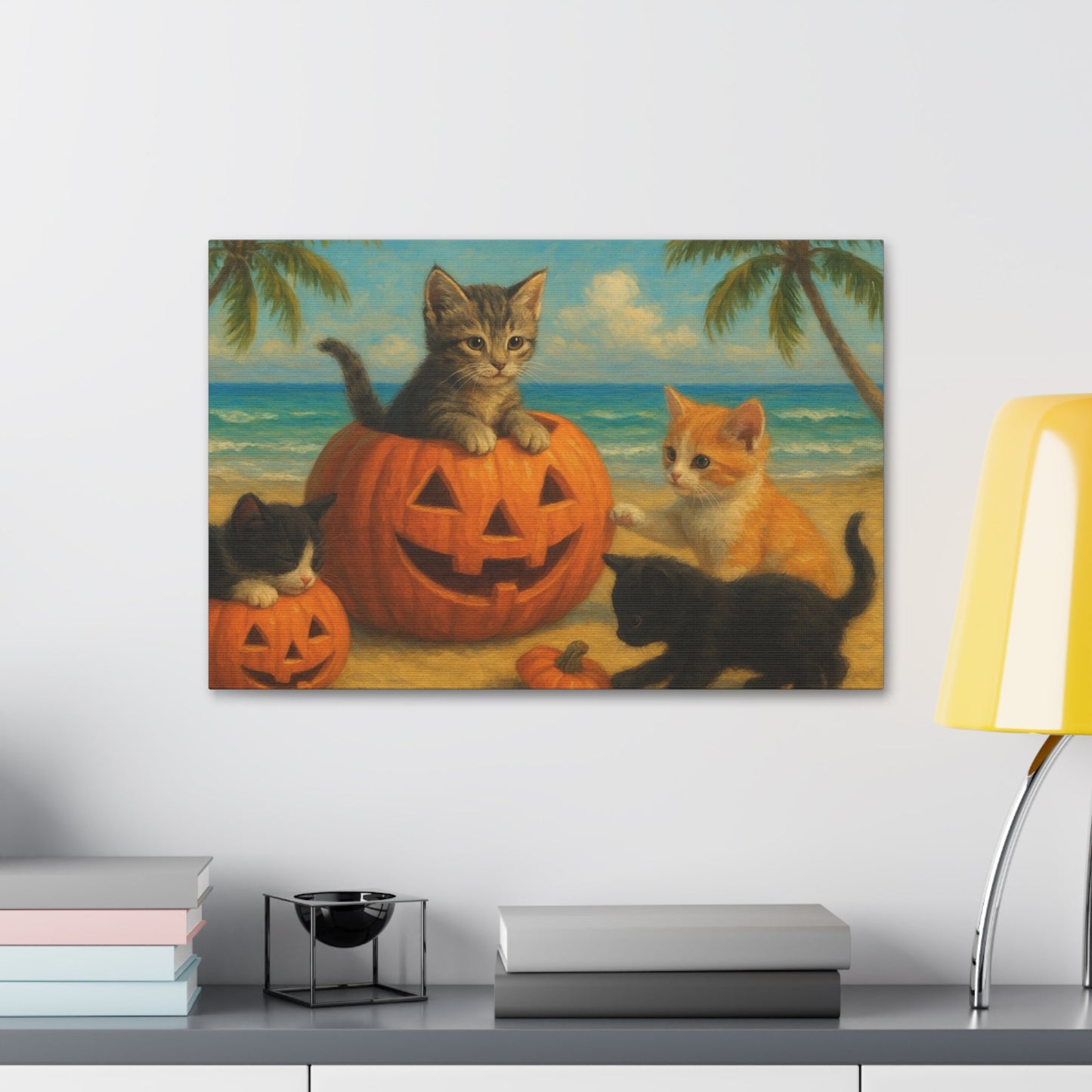 Canvas-Pumpkin Kittens wall art with adorable kittens playing around carved pumpkins on a beach scene, perfect for Halloween and autumn decor.
