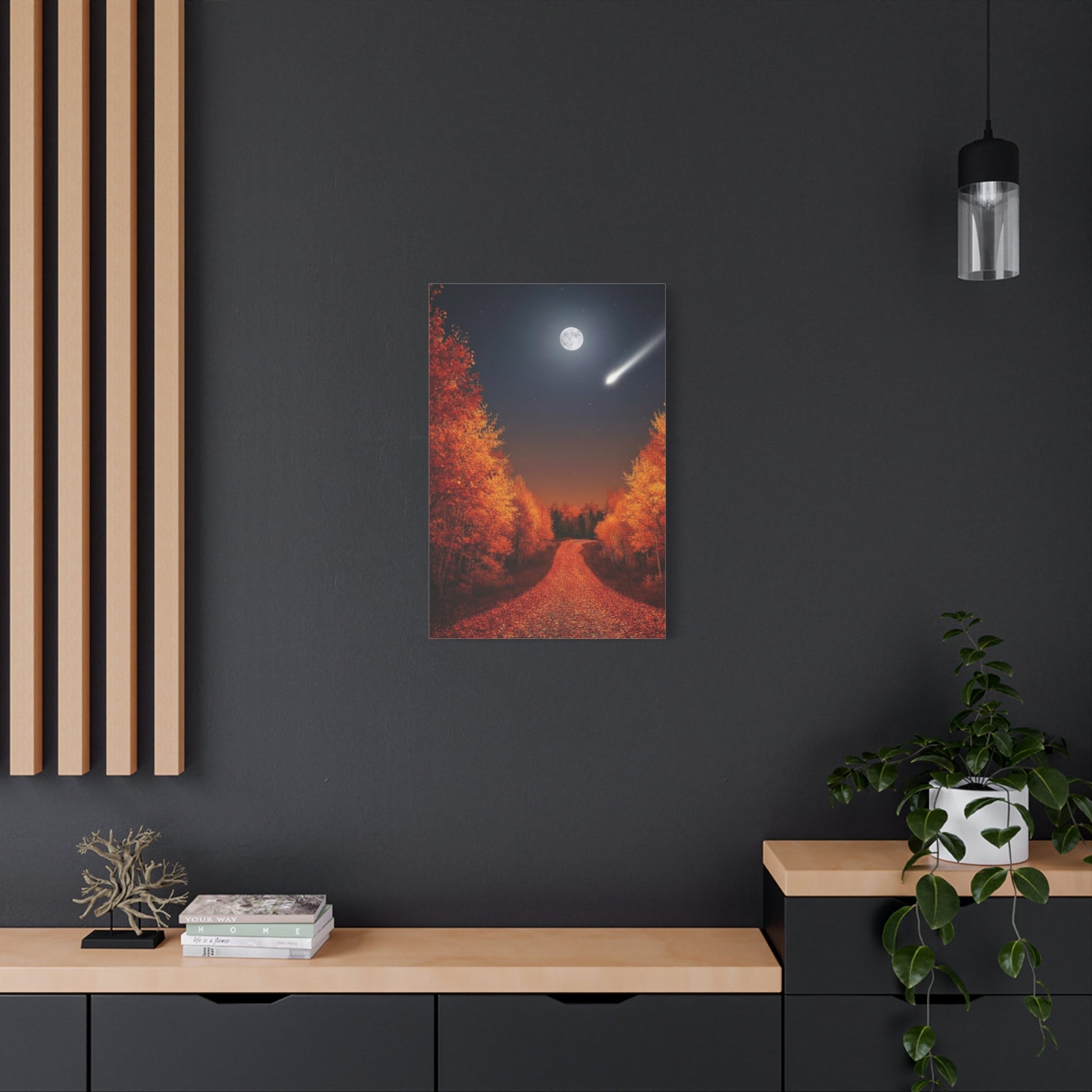 Canvas wall art featuring an autumn forest road under a moonlit sky with vibrant fall colors and a shooting star
