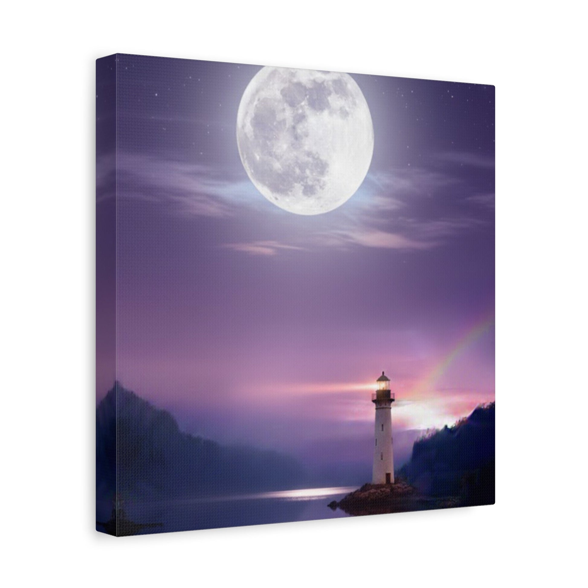 Canvas wall art depicting a tranquil lighthouse under a full moon with serene violet and indigo tones over a mirror-smooth lake