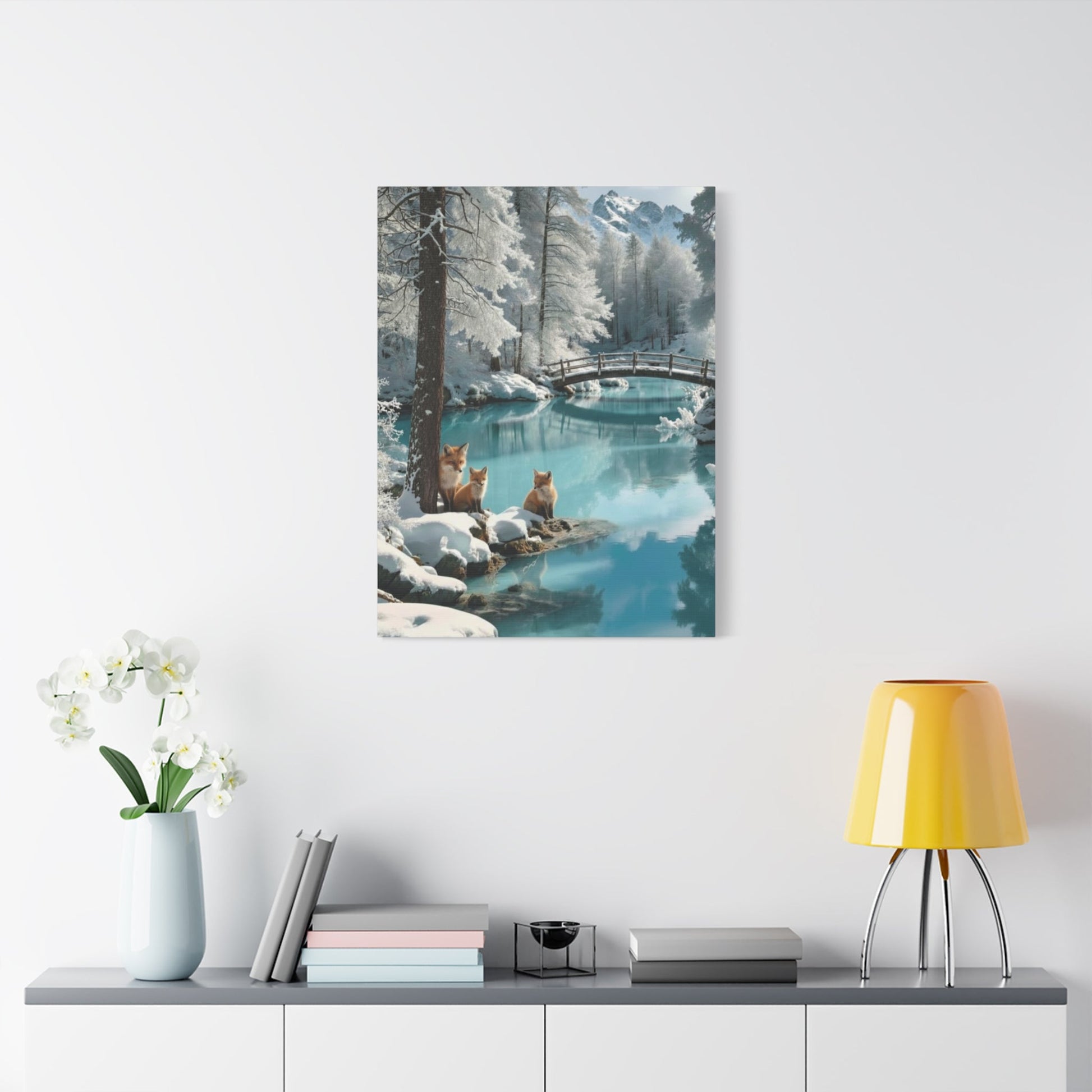 Winter foxes canvas wall art with serene snowy landscape and bridge