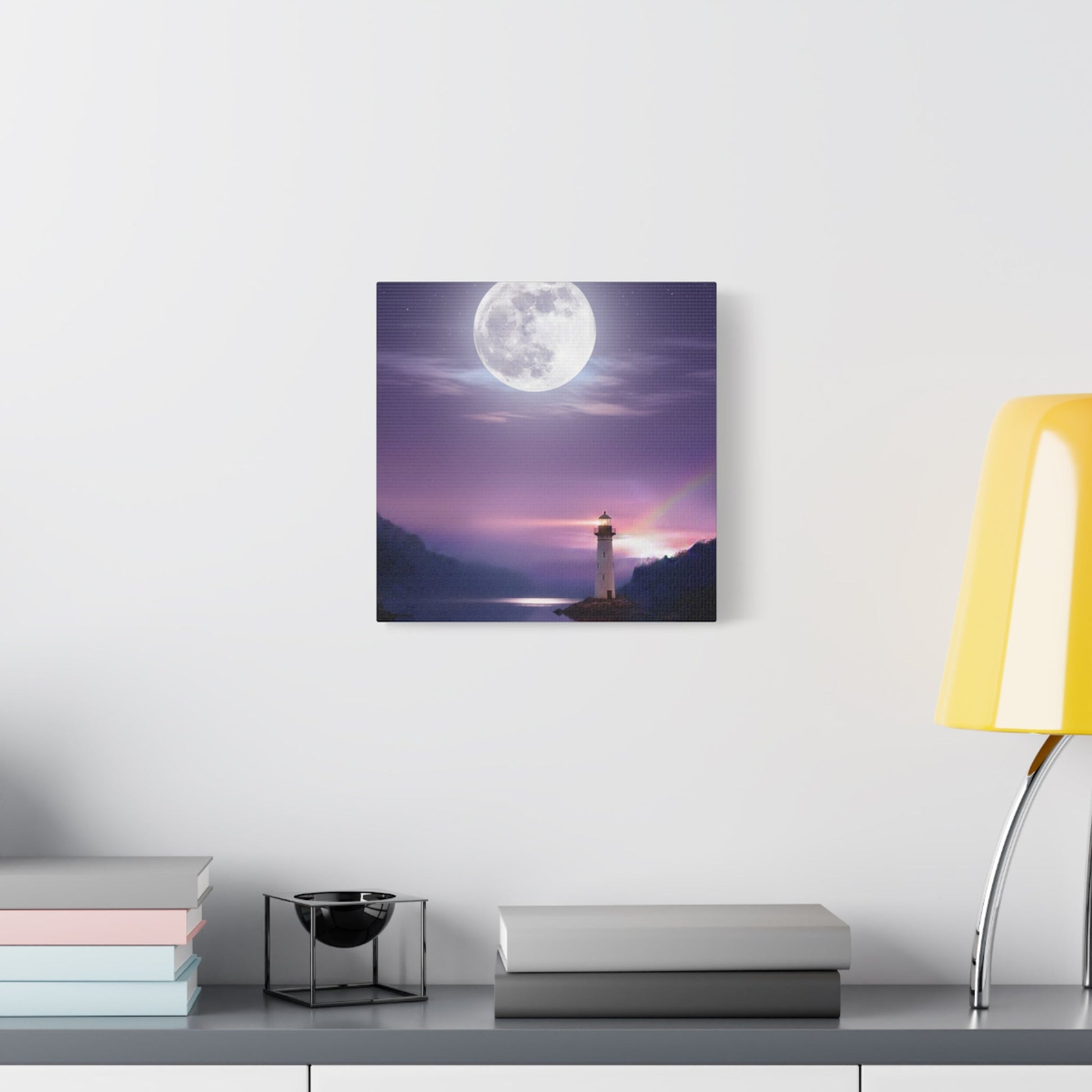 Canvas wall art depicting a serene lighthouse under a full moon over a calm lake in violet and indigo tones