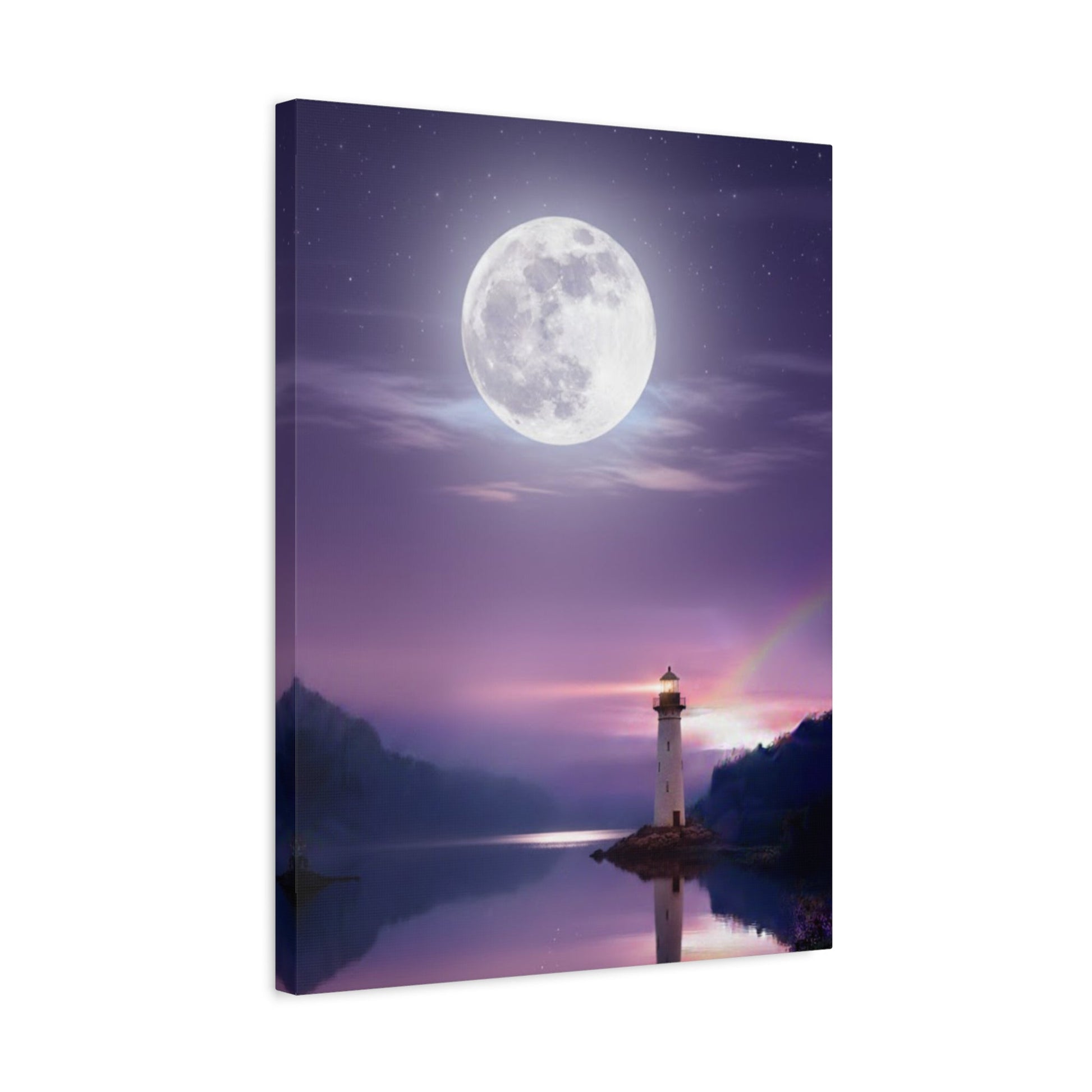 Canvas wall art depicting a serene full moon over a reflective lake with a glowing lighthouse in violet and indigo tones