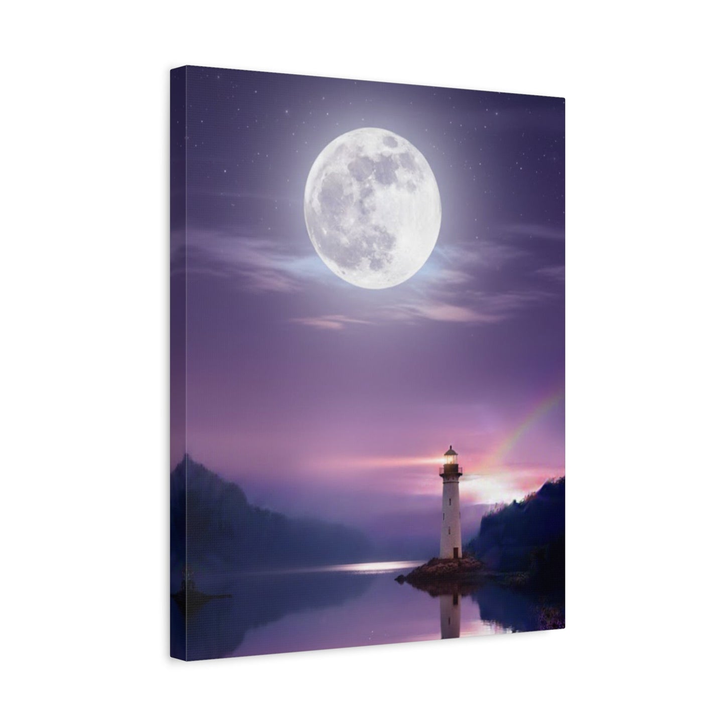 Canvas wall art featuring a full moon over a lighthouse reflecting on a calm lake in violet and indigo tones