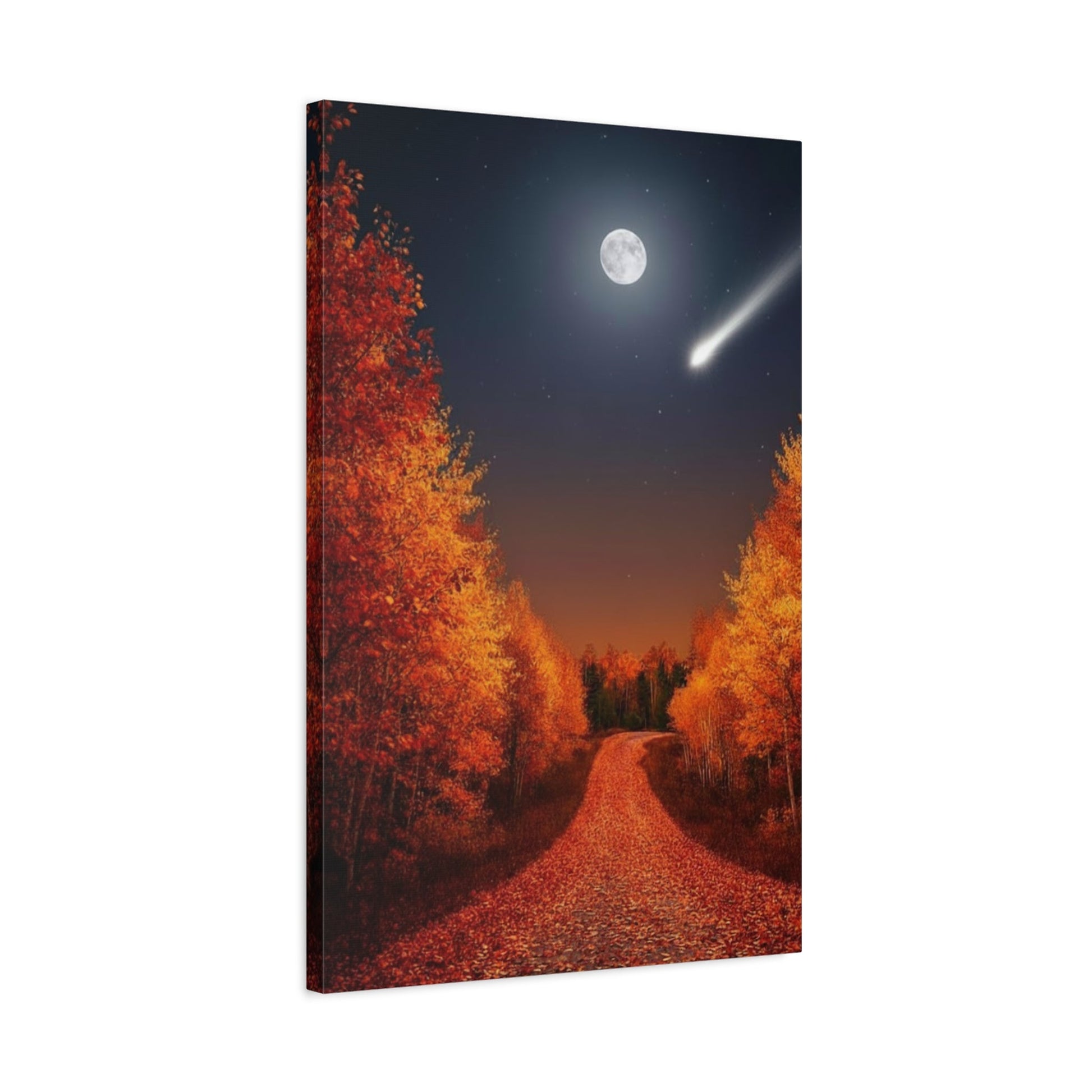 Canvas wall art depicting an autumn forest road under a full moon and shooting star