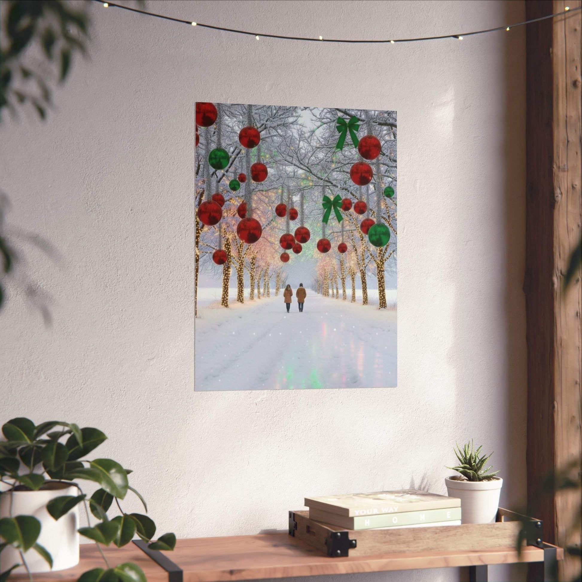 Cozy winter Christmas lights poster featuring a couple walking under festive decorated trees