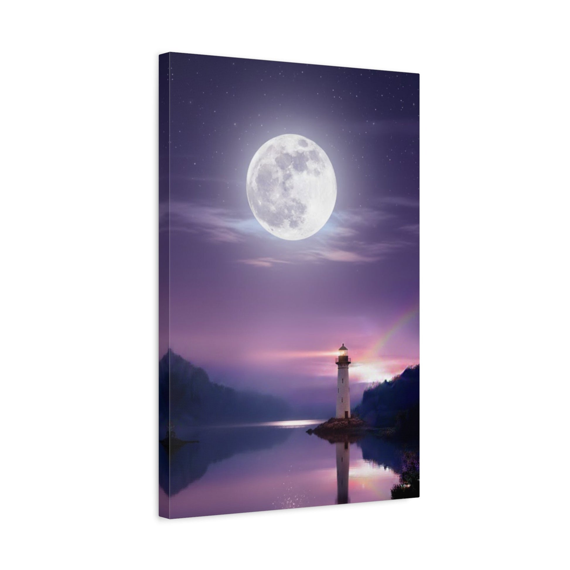 Canvas wall art depicting a serene full moon over a calm lake with a lighthouse reflecting in violet and indigo tones