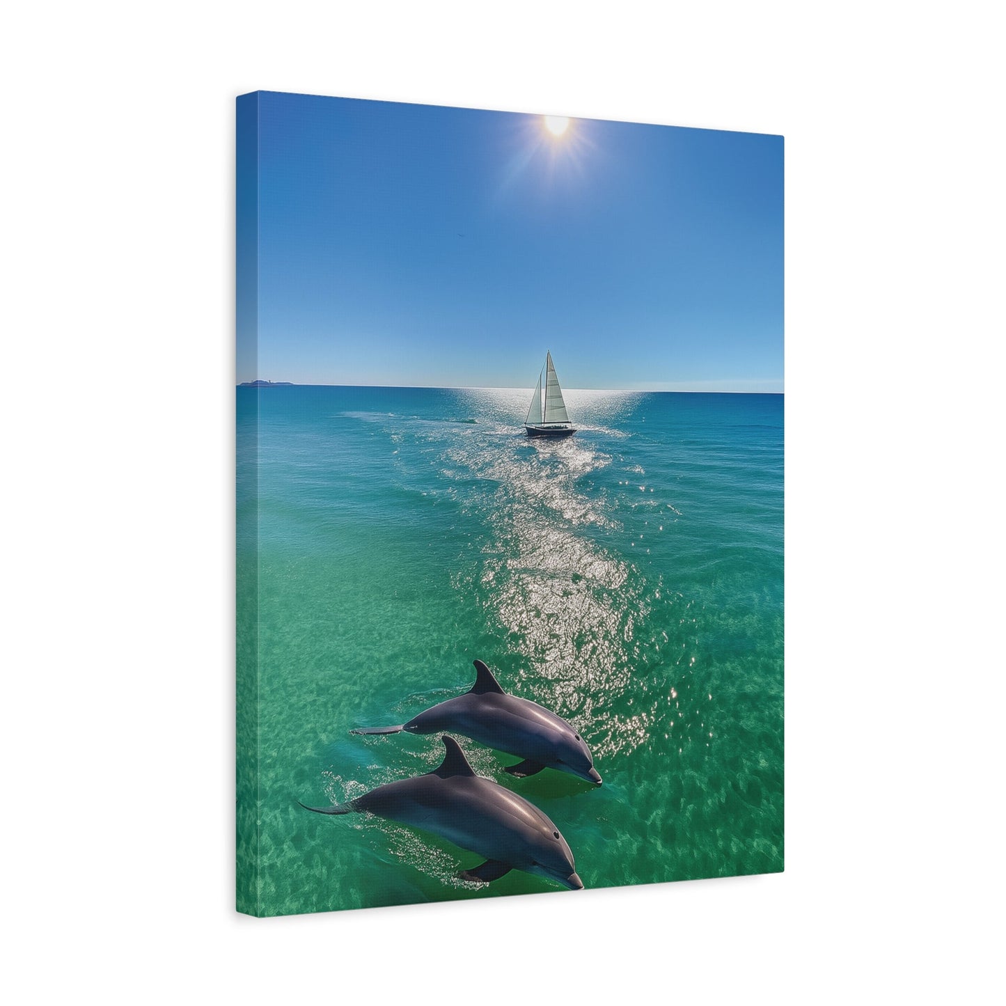 Wall art canvas print featuring a sailboat and dolphins playing in the sun on a calm ocean scene