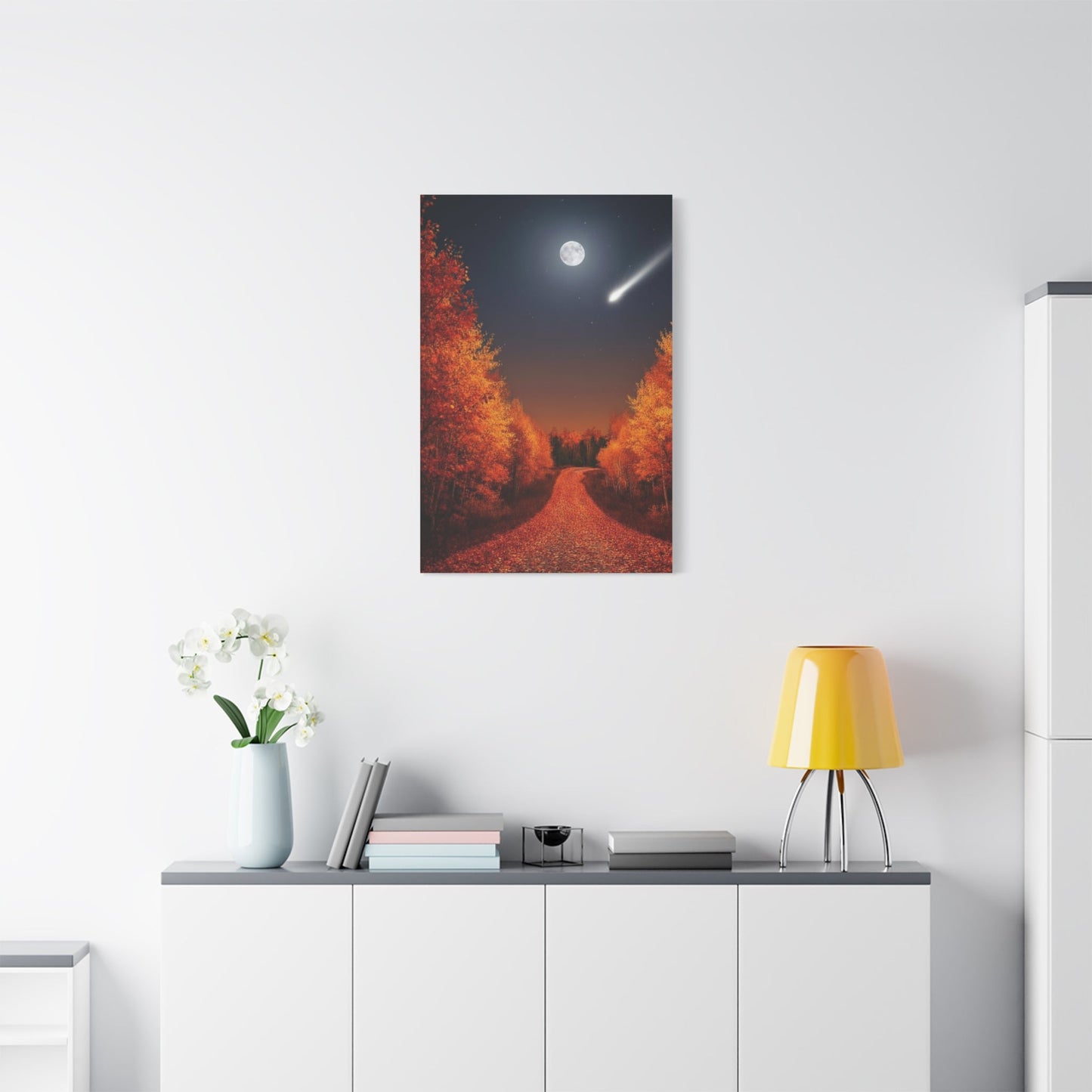 Canvas wall art of autumn forest road under a moonlit sky with shooting star and fall foliage